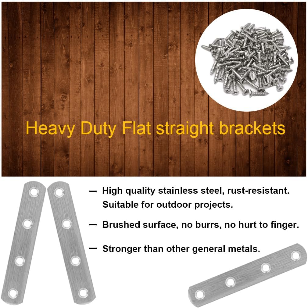 8 Pack Flat Straight Brace Brackets 4 Inch Stainless Steel Mending Plates Repair Fixing Brackets Heavy Duty Straight Repair Joining Plates with Screws