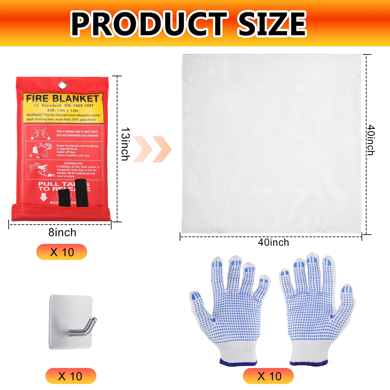 Macarrie Manta ignífuga con ganchos y guantes de 39.3 x 39.3 pulgadas, manta ignífuga de emergencia para el hogar, manta ignífuga de fibra de vidrio, ignífuga, seguridad de supervivencia, cocina,