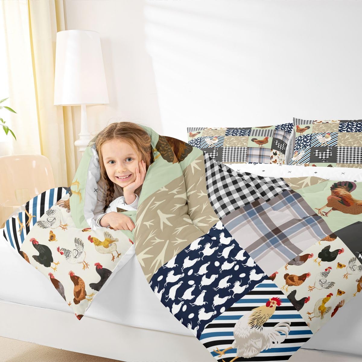 Feelyou Chicken Bedding Set Queen Size Rooster Hen Print Comforter Set for Kids Boys Girls Decor Cute Blue Grey Green Comforter Geometric Duvet Set Bedroom Quilt Set