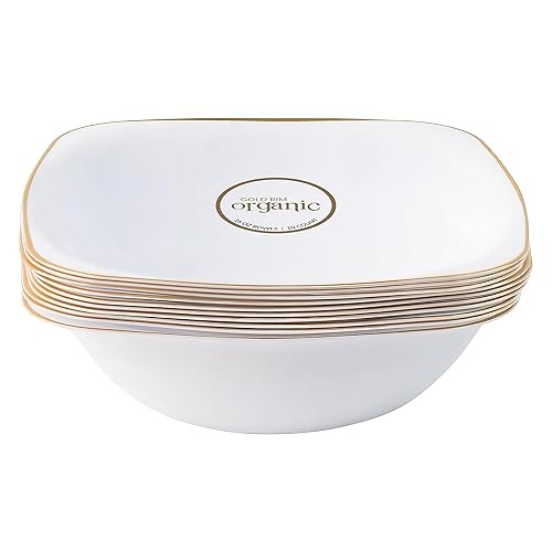Miniatura 3 de Blue Sky Cuencos cuadrados orgánicos blancos con borde dorado, platos de plástico desechables de 16 onzas (10 unidades)  Vajilla elegante y