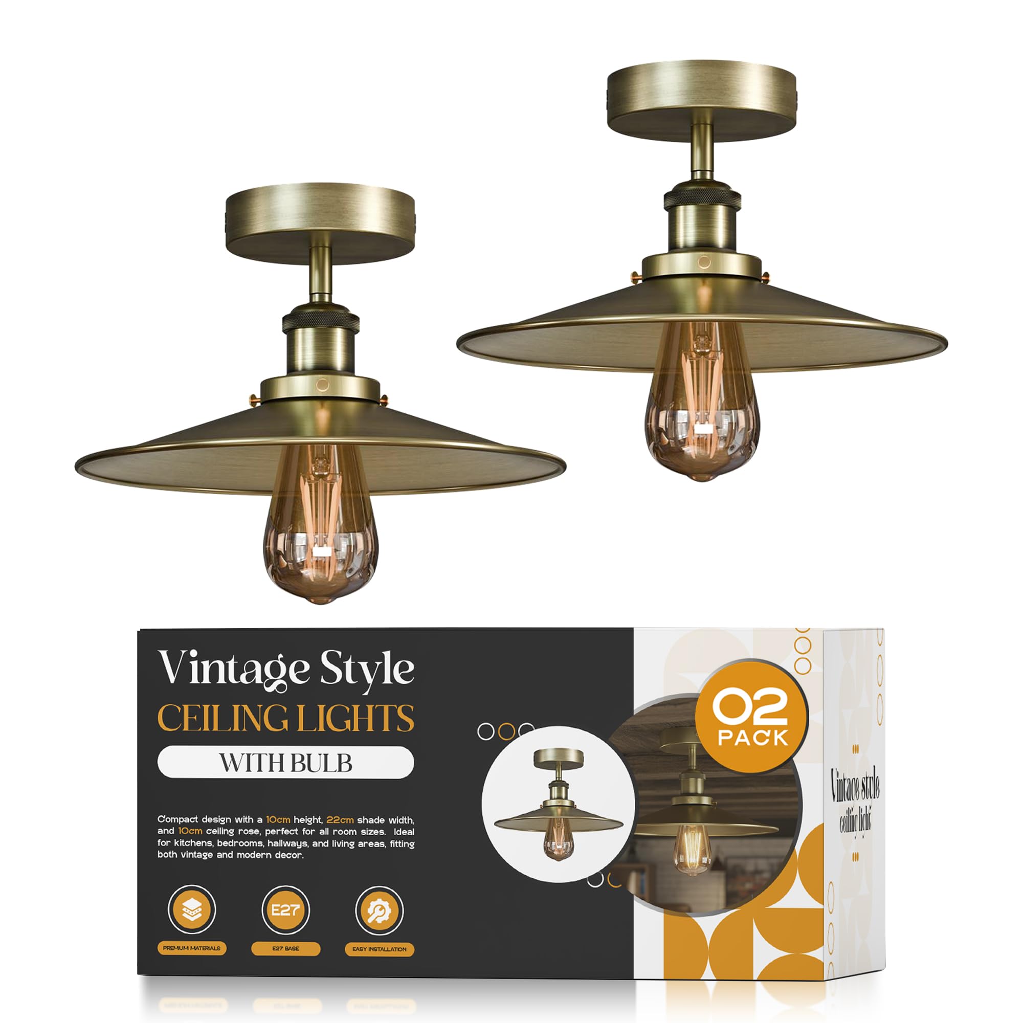 2 Pack Industrial Semi Flush Mount Ceiling Light with E27 Base Lamp Holder Metal Easy Fit 22cm Green Brass Lampshade LED Ceiling Lighting Fixture for Living Room Bedroom Kitchen with Bulbs EPC A+