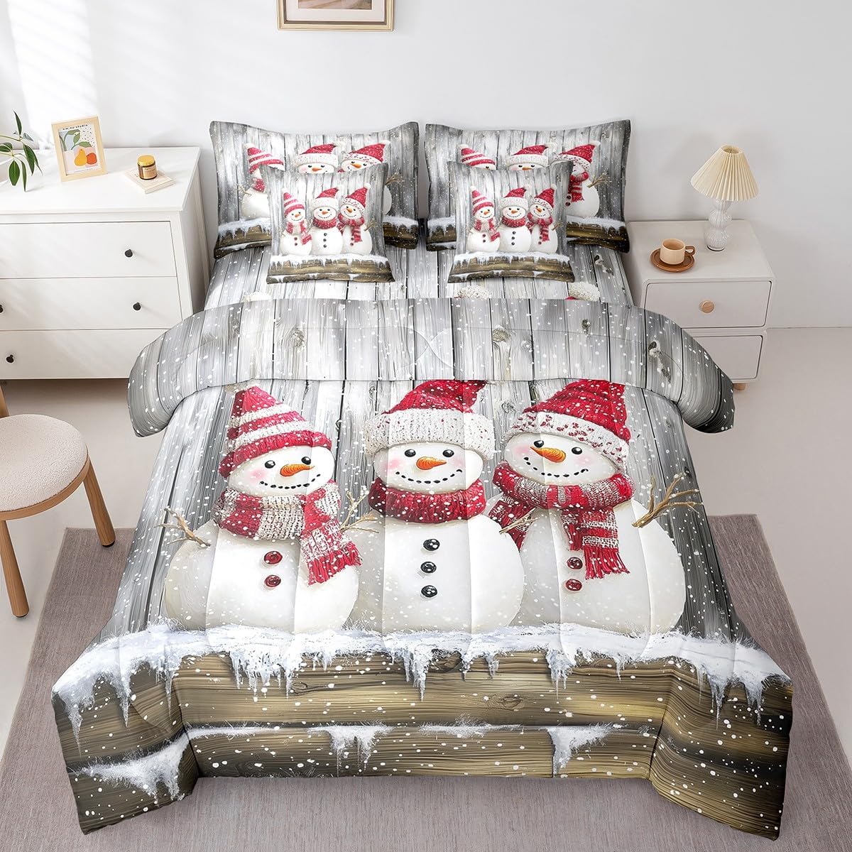 Snowman Bedding Set 7 Pieces Full,Merry Christmas Comforter Sets,Retro Wooden Board All Season Bedding Comforter Sets with 1 Comforter,2 Pillowcases,2 Pillow Covers,1 Flat Sheet,1 Fitted Sheet