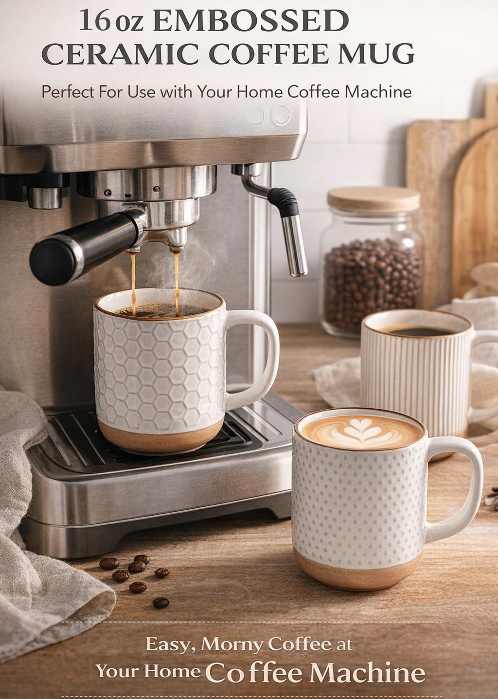 GBhome Large Coffee Mugs Set of 4, 16oz Handmade Stoneware Coffee Mugs Set with Large Handle for Cappuccino/Latte/Tea/Hot Cocoa, Dishwasher & Microwave Safe, Off White