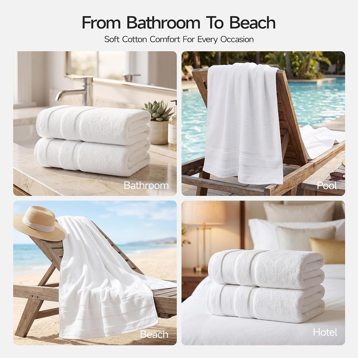 REDKISS 2 Piece Bath Towels Set, 35 X 70 Inches, Ultra Soft & Super Absorbent Cotton Bathroom Towel Sets for Bathroom, Gym, Spa, Pool & Hotel, White
