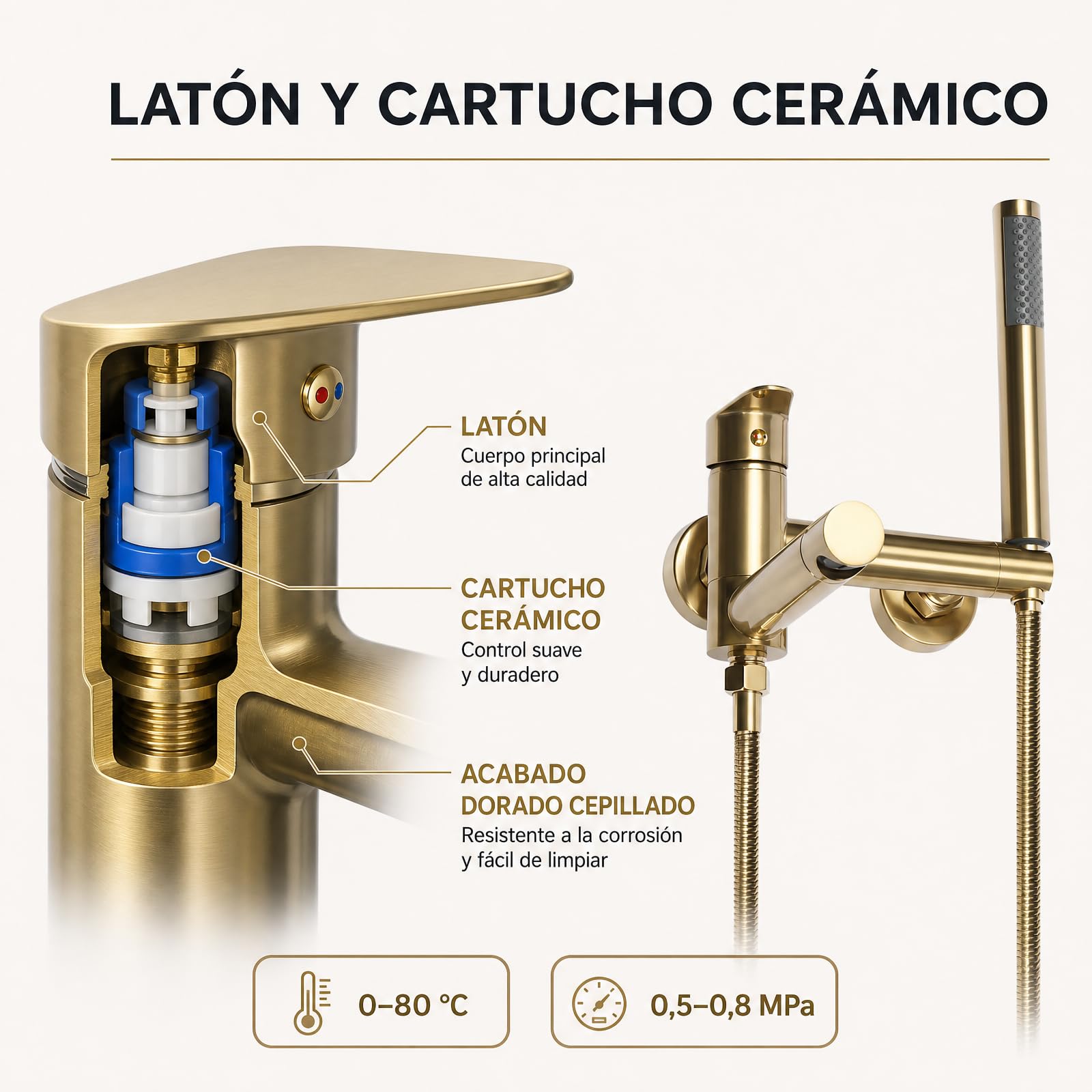 Grifo de bañera y ducha monomando dorado con ducha de mano, latón