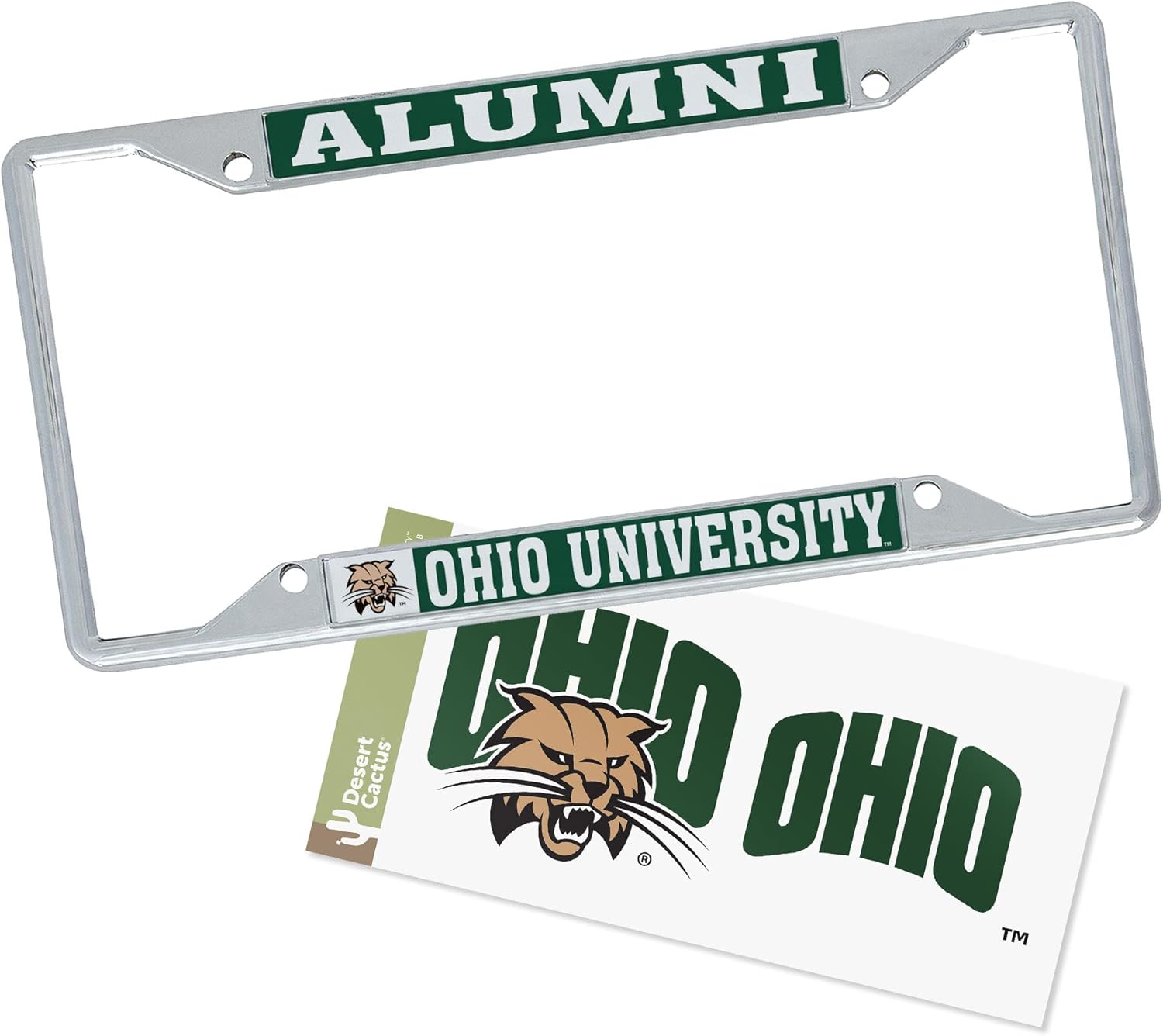 Desert Cactus Ohio University Car Accessories Metal License Plate Frame and Sticker for Front or Rear of Car (Sticker Frame Combo - Alumni)