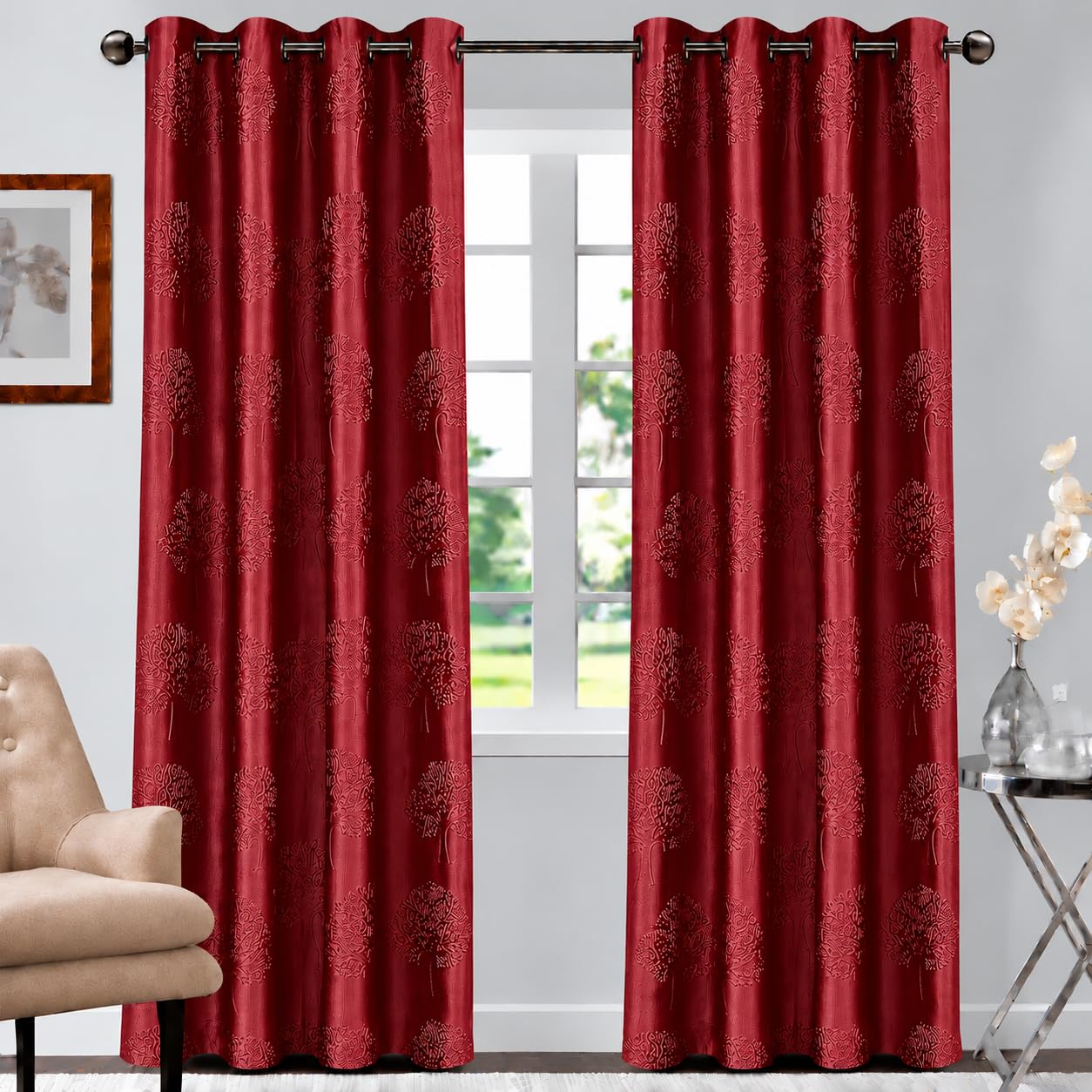 Amazon Brand - Solimo Polyester 100% Blackout Emboss Window Tree Print Curtains| 5 Feet |Set of 2| Emboss Tree Print Design|for Living Room Kids Room and Bedroom|Color- Maroon, Long Crush Emboss