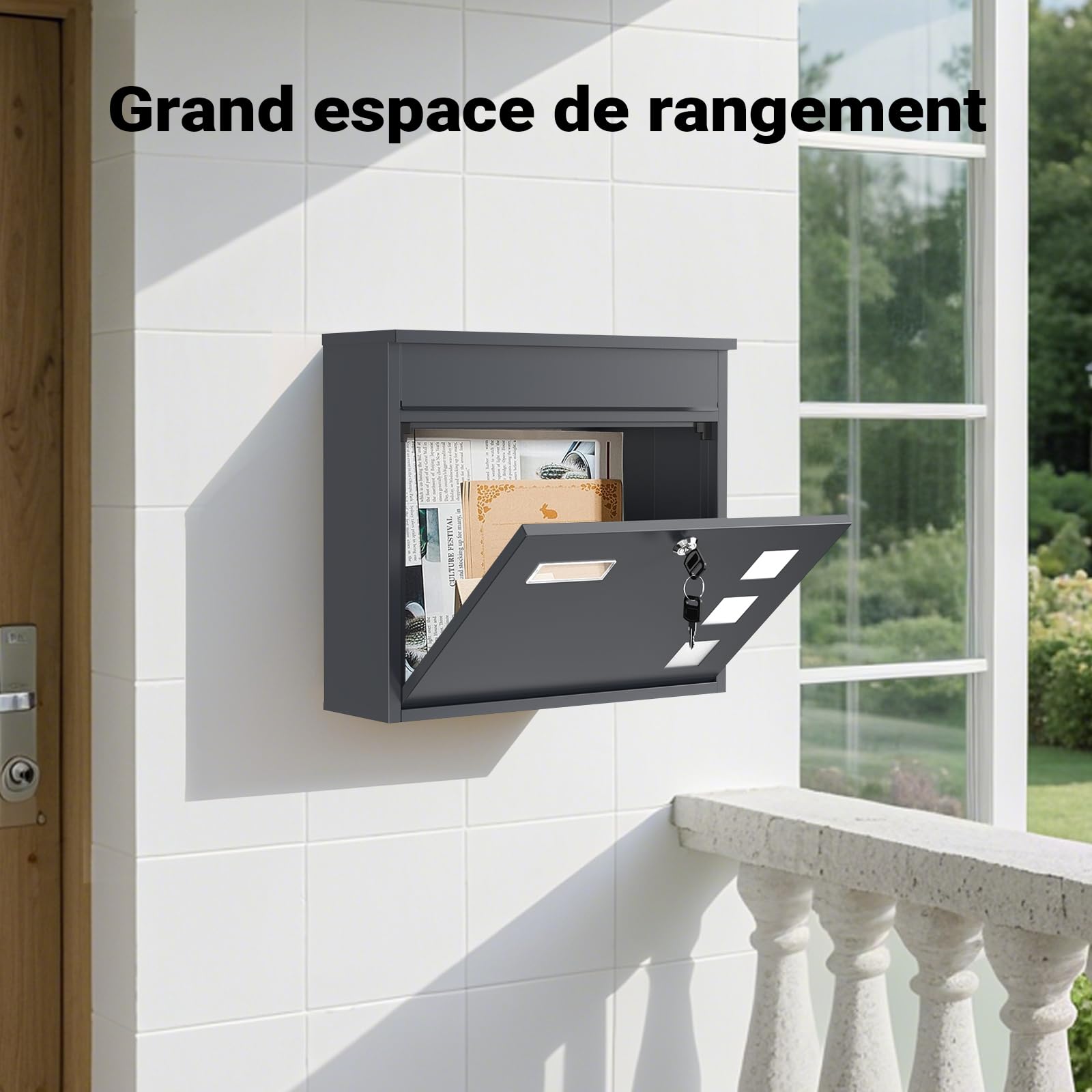 Wiltec Boîte aux Lettres Murale V12, Verrouillable, Couleur Anthracite, Acier galvanisé, 360 x 115 x 320 mm, avec Clapet, Fenêtres et Porte-nom