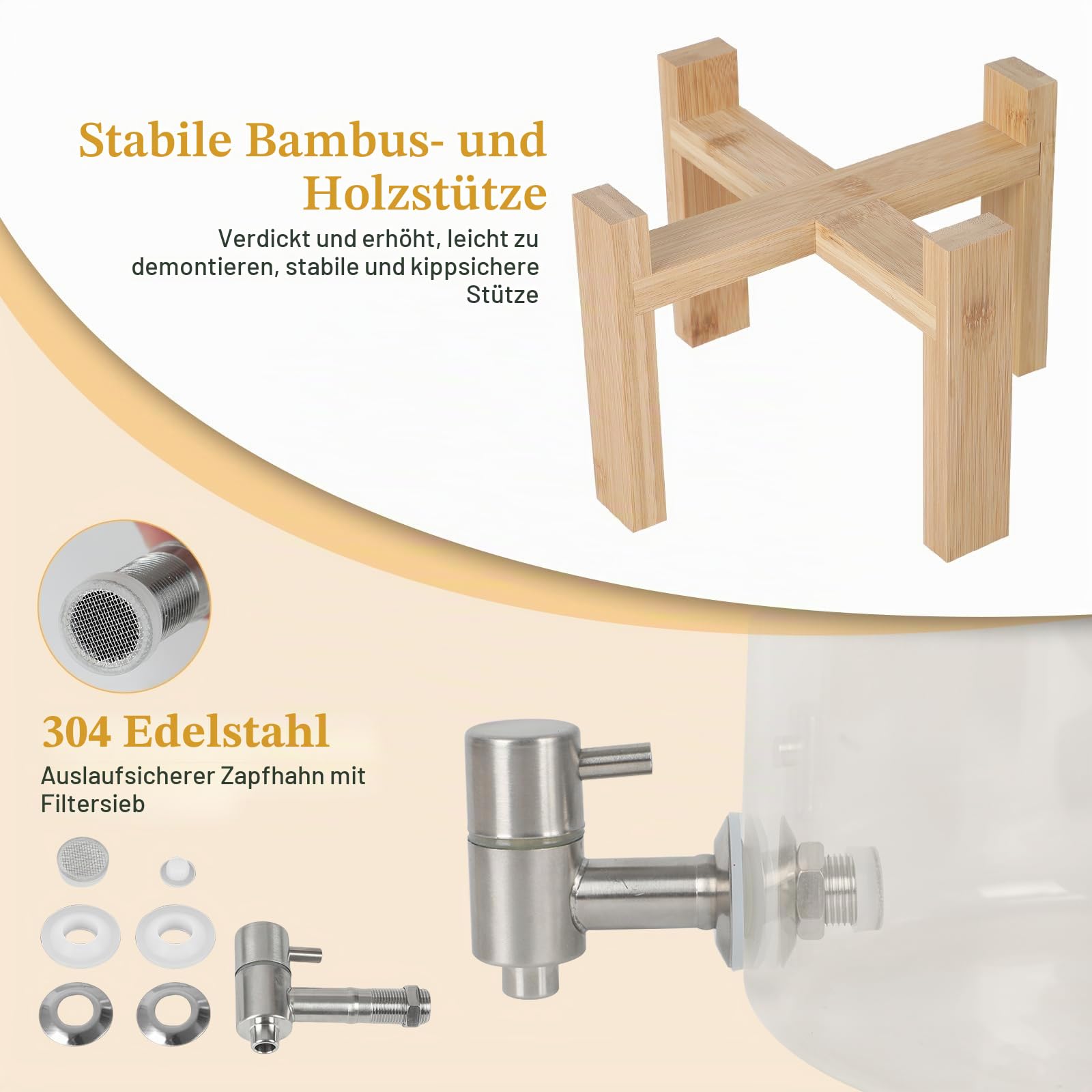 Getränkespender aus Glas,5L Glas Wasserspender mit Stand aus Bambus Holz,Spender aus hitzebeständigem Borosilikatglas mit Zapfhahn,Edelstahl-Auslauf und Deckel,für Wein,Bier, Kaltgetränk,Saft,EIS-Tee