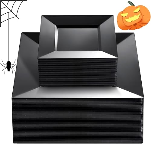 Liacere 100 platos de plástico negro - Platos desechables cuadrados negros premium - Incluye 50 platos de cena de 9.5 pulgadas - 50 platos de postre