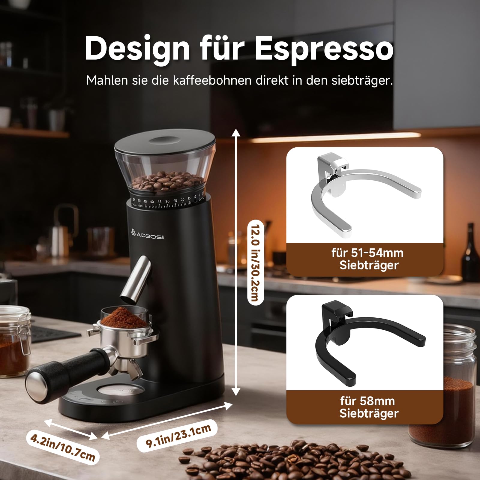 AAOBOSI Kaffeemühle Elektrisch, Kabellose Kaffeemühle Siebträger mit 60 Mahlgrad Einstellbar, Kaffeemühle Kegelmahlwerk Tragbar Wiederaufladbar für Espresso/Mocca/Drip/Pour Over/Cold Brew/French Press