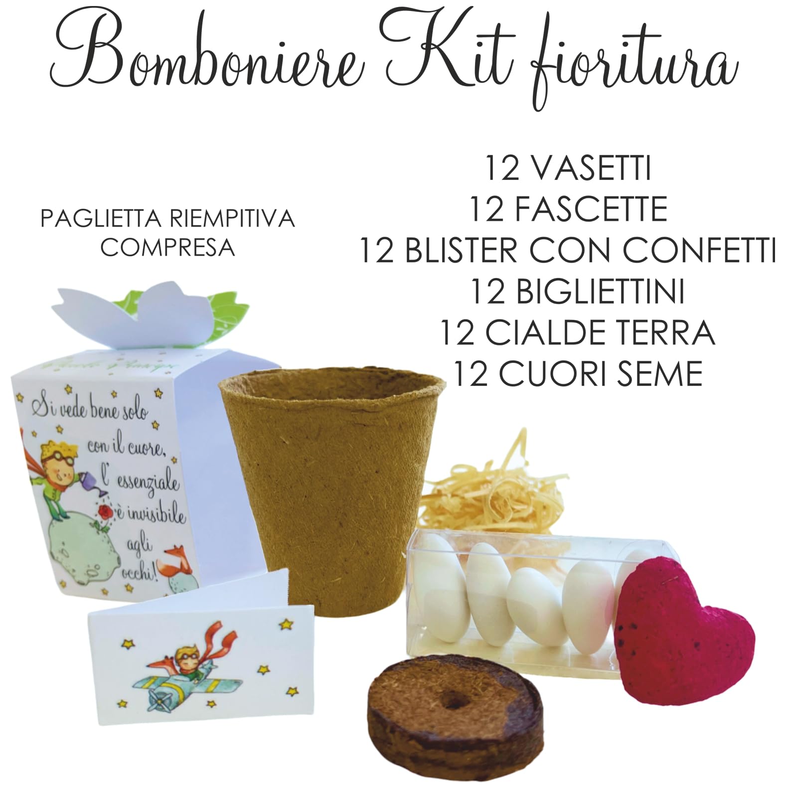 Regalami.shop12 Bomboniere Complete Eco-Sostenibili con Kit Fioritura Il Piccolo Principe - Set da 12 Pezzi per bomboniere Nascita, Battesimo, Comunione