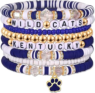 Game Day Bracelets for Women Men Kentucky WILDCATS Blue White Heishi Beaded Stackable Bracelet Set Game Day Sports Football Mom Jewelry Accessories Gift for UK Wildcats Fans