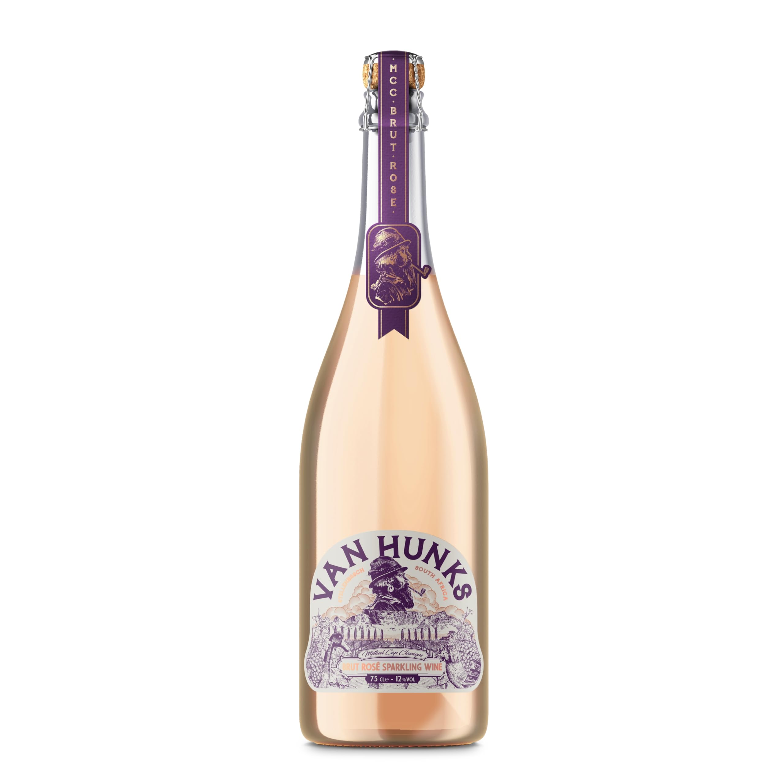 Van Hunks Cap Classique Brut Rosé Sparkling Wine | Bottle-Fermented | Pinot Noir, Chardonnay & Pinotage | 12% ABV | Crisp Finish, Fine Bubbles & Fresh Red Berries | 750ml