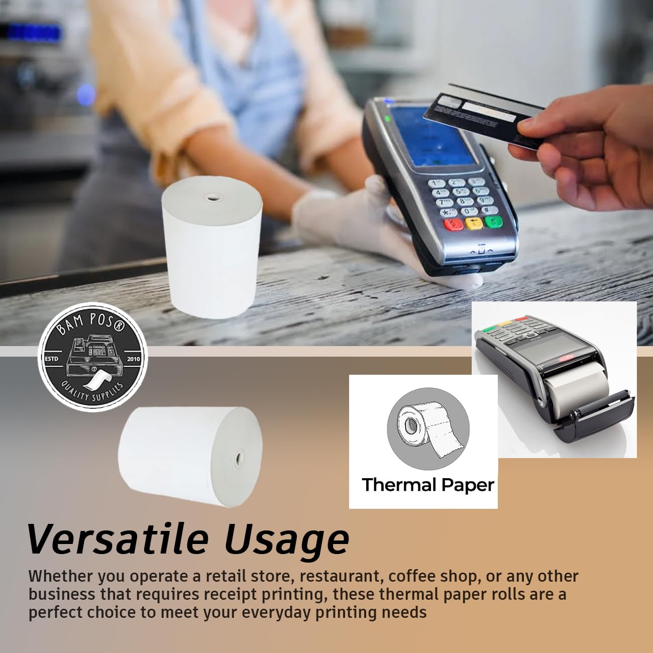 BAM POS Rollos de papel térmico de 3 1/8 x 190 pulgadas, rollo de recibos grande, compatible con estaciones Clover Stations, P100, P550, SCP700, estaciones cuadradas (30 rollos por caja)