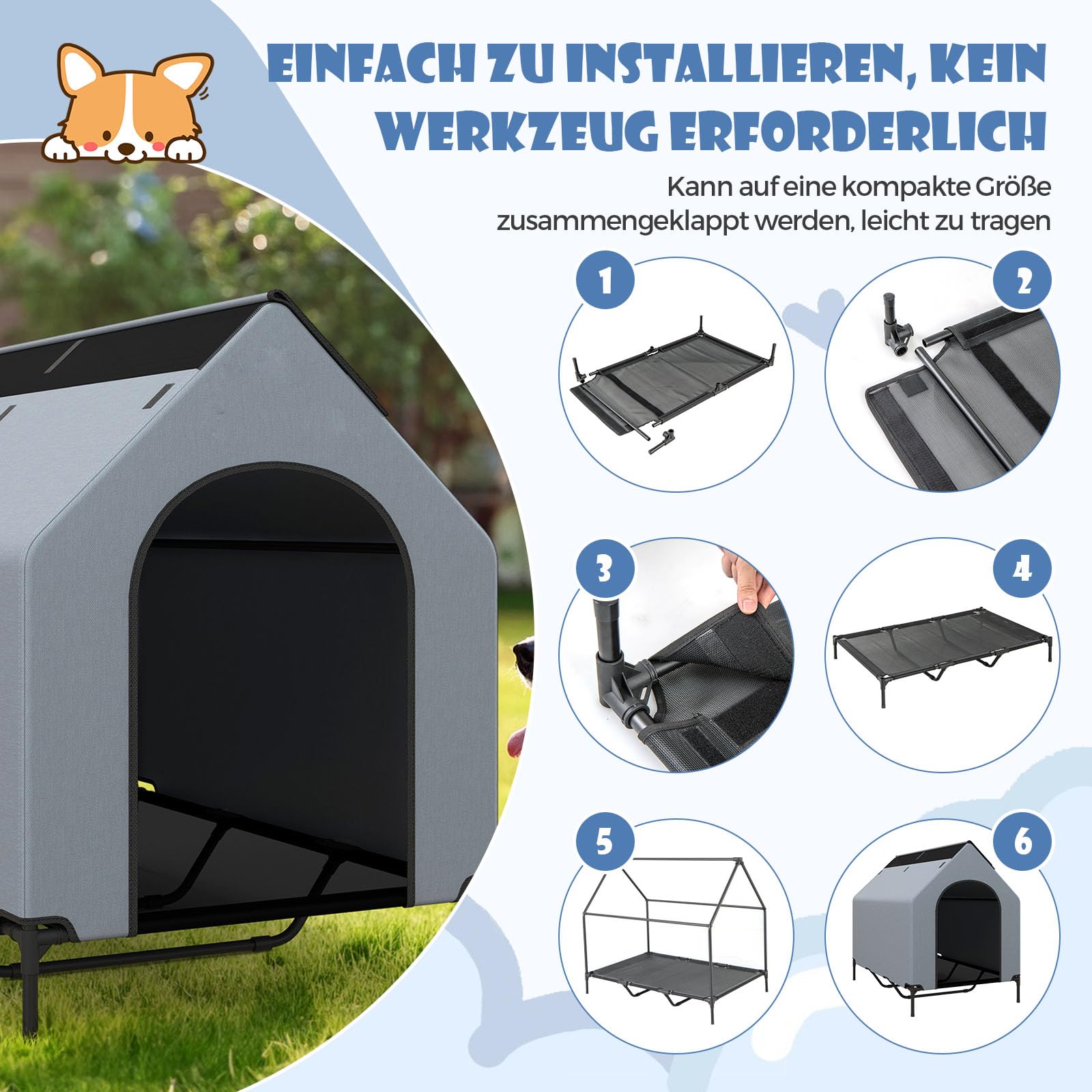 COSTWAY 2 in 1 Hundehütte & erhöhtes Hundebett, Hundeliege Outdoor, Haustierhaus mit atmungsaktivem Netzgewebe & Abnehmbarer Abdeckung, Hundehaus für große Hunde, Oxford, Grau (84 x 132 x 114 cm)