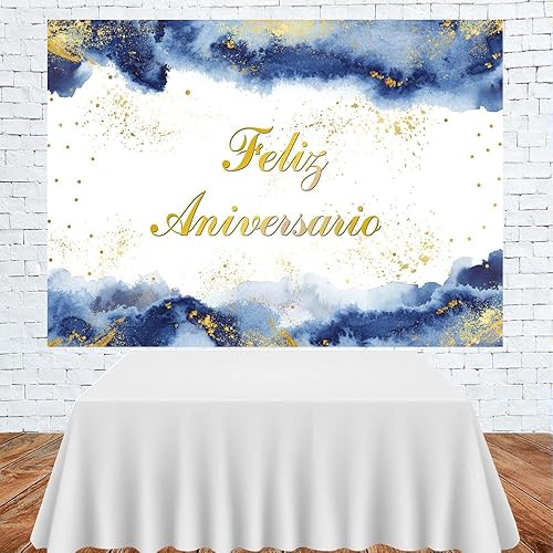 Miniatura 3 de Lofaris Telón de fondo de feliz aniversario, decoración de fiesta de feliz aniversario, nubes de acuarela azul rubor, purpurina dorada, fondo de