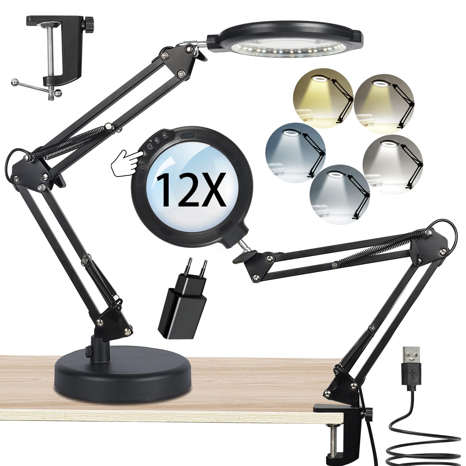 12X Lupa grande con luz y soporte, lámpara de escritorio iluminada con 5 modos de color 10 brillo regulable, lupa con luz manos libres con abrazadera para leer reparación cerrar trabajo