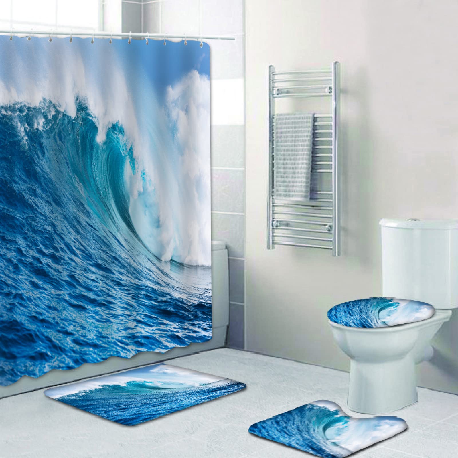 Tenda Doccia 180x180 Cm Con Foglie Blu - Impermeabile, In Poliestere - Con 12 Ganci - Per Bagno, Camper, Sfondo Fotografico - 4