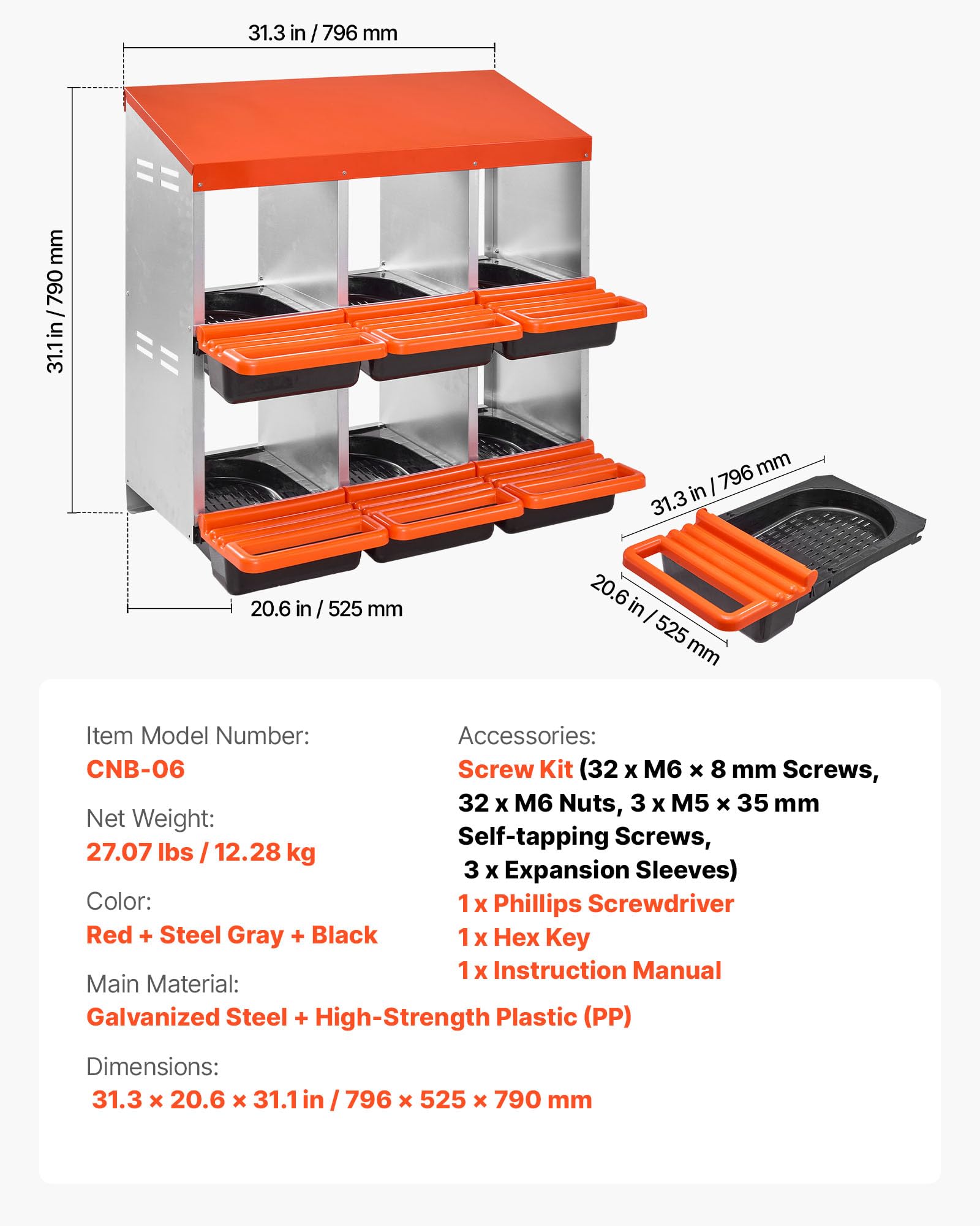 VEVOR Caja Nido para Gallinas 6 Compartimentos, 796 x 525 x 790 mm, Ponederos para Gallinas de Metal con Nidos Inclinados, Plataforma de Descanso Apto para Diferentes Razas de Patos