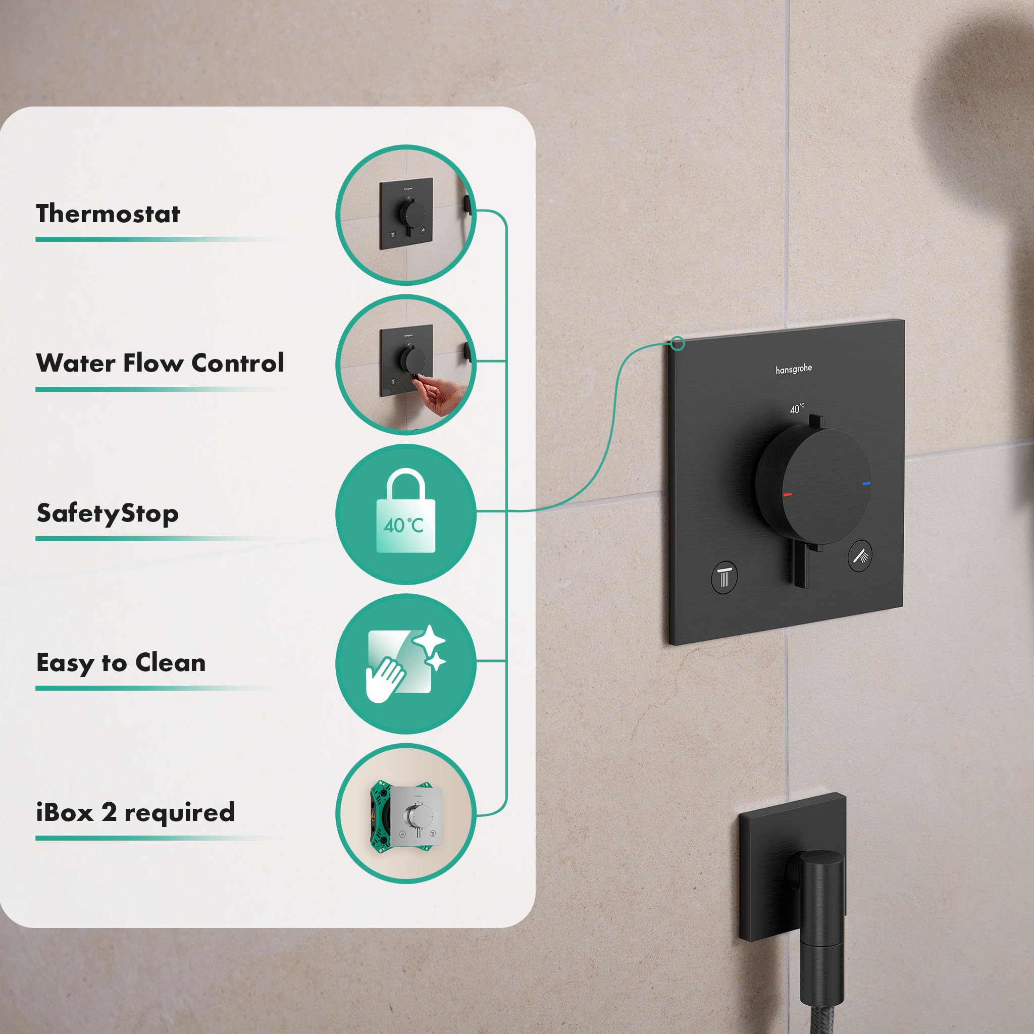hansgrohe Ecostat Comfort E 33711340 Thermostat de douche, encastré, avec verrouillage de sécurité (SafetyStop) à 40 °C, pour 2 consommateurs, chrome noir brossé
