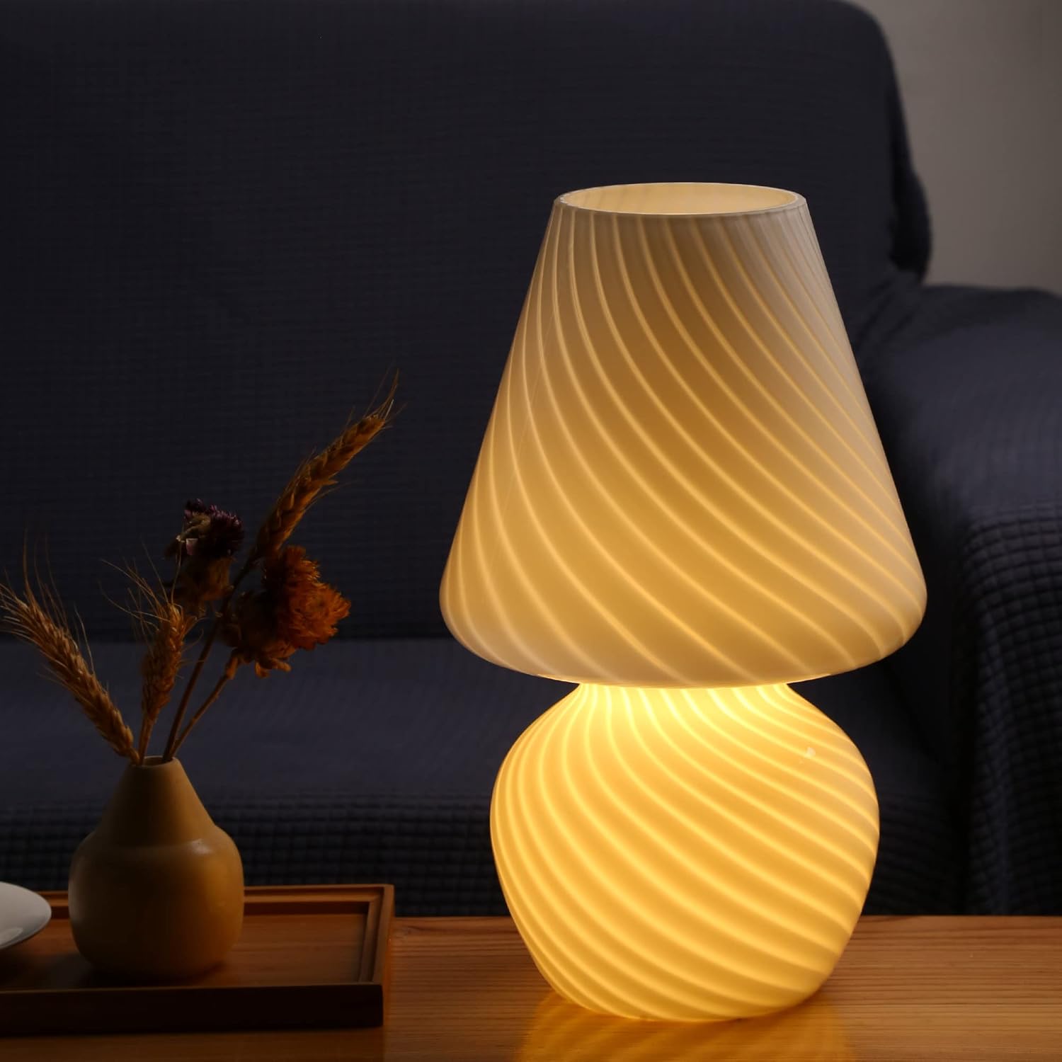 BSOD Taller Mushroom Lamp, Upgrade White Table Lamp Romantic 12' Vintage Swirl Mid-Century Design Classics Glass Home Decor Bedside Lamps for Living Room Bedroom Room Gift