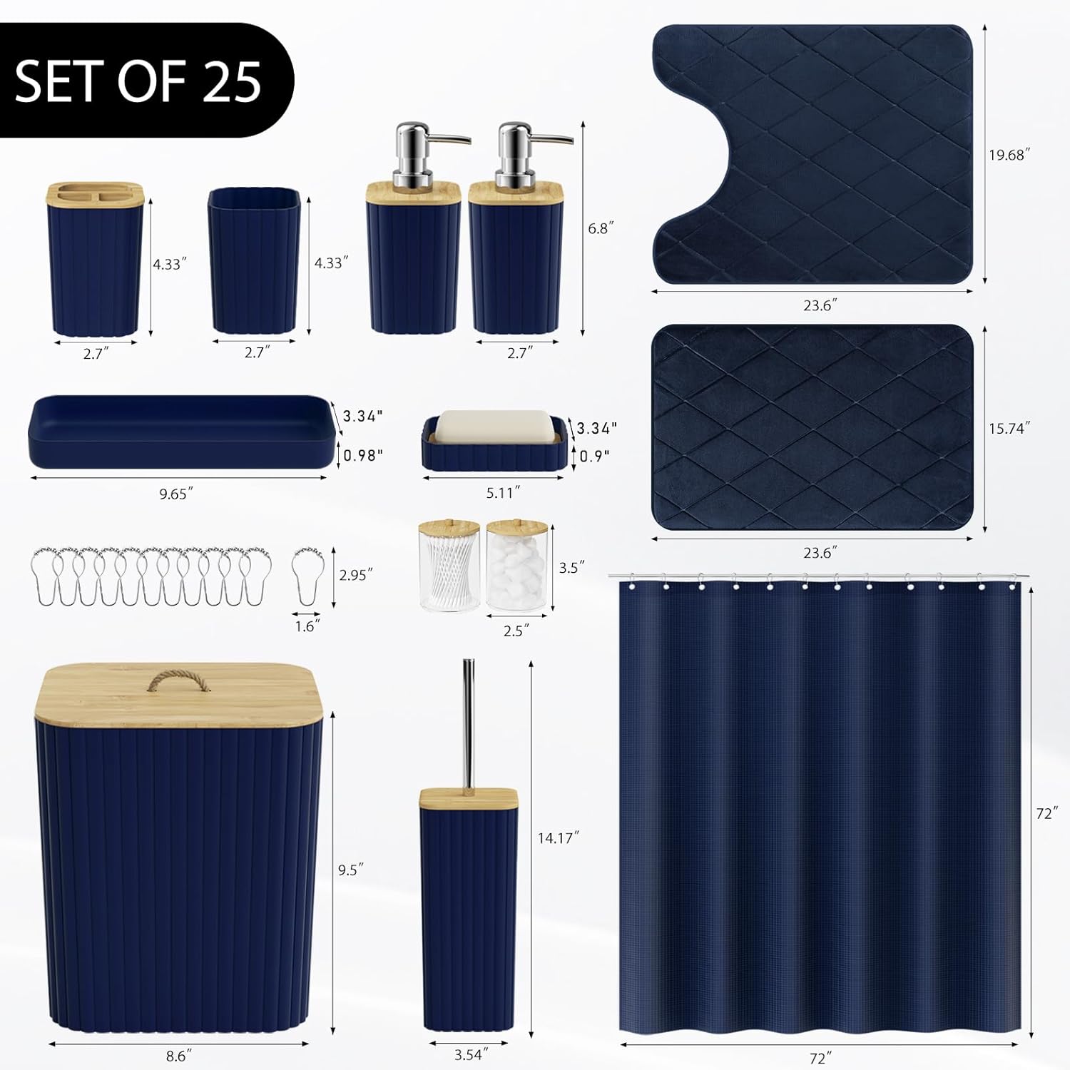 Bathroom Accessory Set - 25PC Bathroom Sets with Shower Curtain and Rugs, Navy Blue Bathroom Set, Bathroom Accessories Set, Shower Curtain Sets with Rugs, Bathroom Trash Can & Soap Dispenser