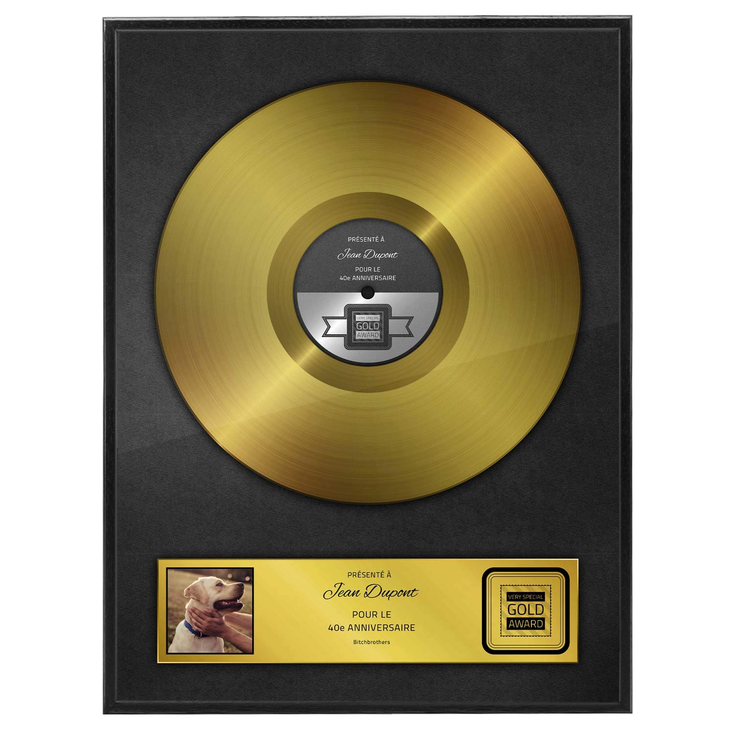 Disque doré personnalisé avec cadre en bois, cadeau personnalisé avec nom et date, circonférence, décoration murale avec cadre (DIN A3, 30 x 42 cm, français)
