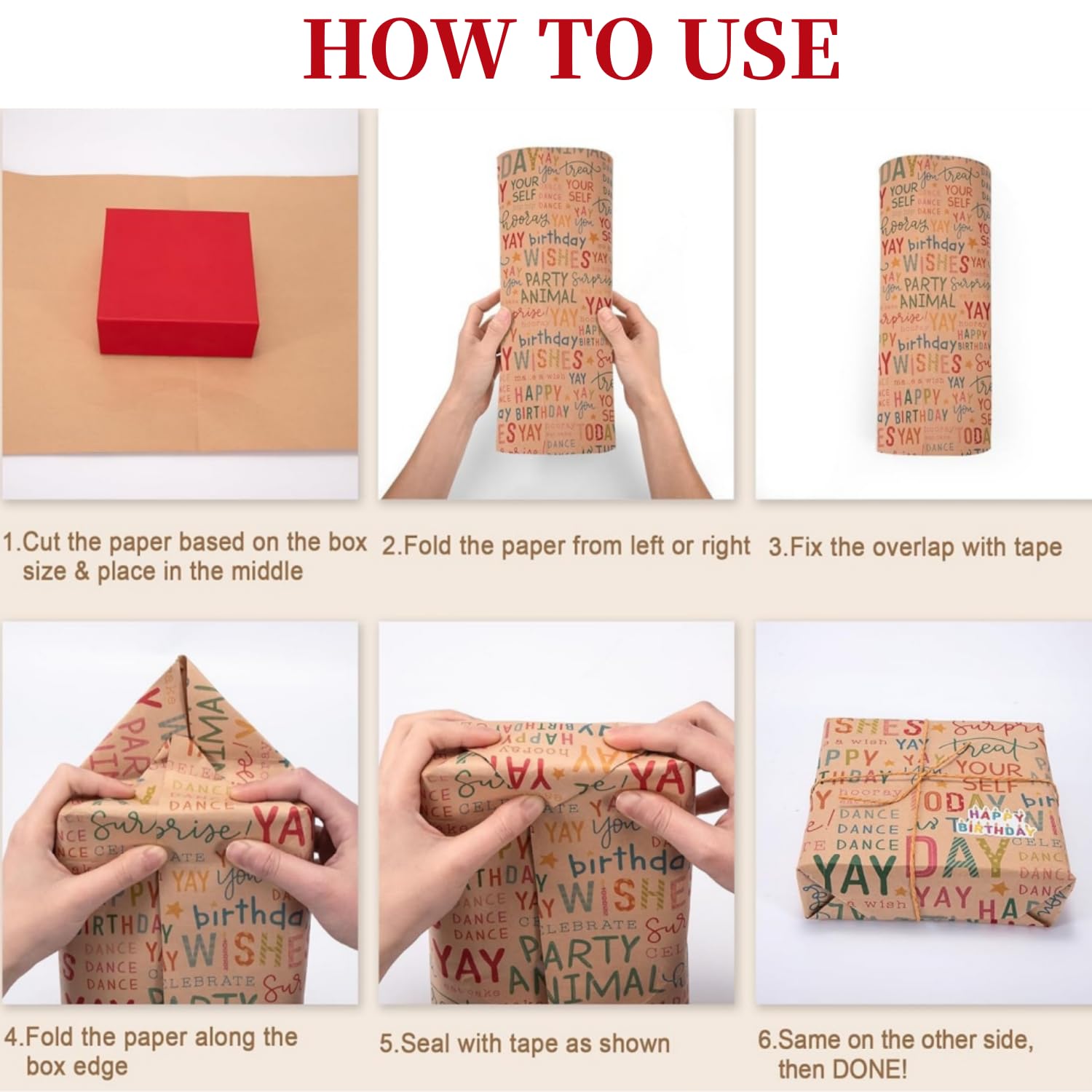 Fenglin-joy Papel de Regalo, 6 piezas 70X50cm Papel Regalo Cumpleaños con Hilo de Yute, Cinta Adhesiva de Doble Cara y Pegatinas para Bodas, Fiestas, Navidads