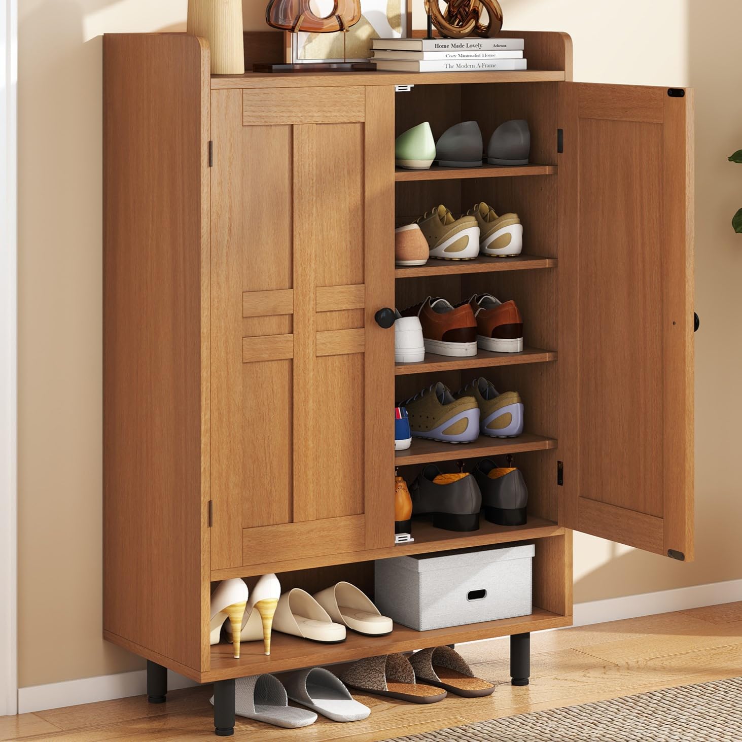 Hawthyhome Walnut Wooden Shoe Cabinet with 2 Doors, 7+1 Tier Versatile Storage Unit with 3 Adjustable Shelves, Family Farmhouse Style, Entryway Cupboard-Hallway, Bedroom, Living Room, 75x35x115cm