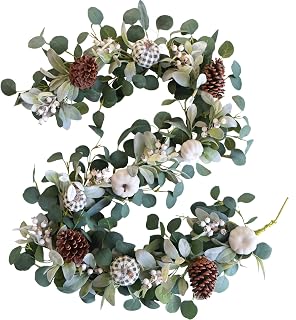 TEMPUS White Pumkin Garland 5.9Ft Artificial Eucalyptus Garland with Pumpkins Pine Cones Lamb Ear Leaves Garland for Wedding Arch Backdrop Thanksgiving Table Farmhouse Decor