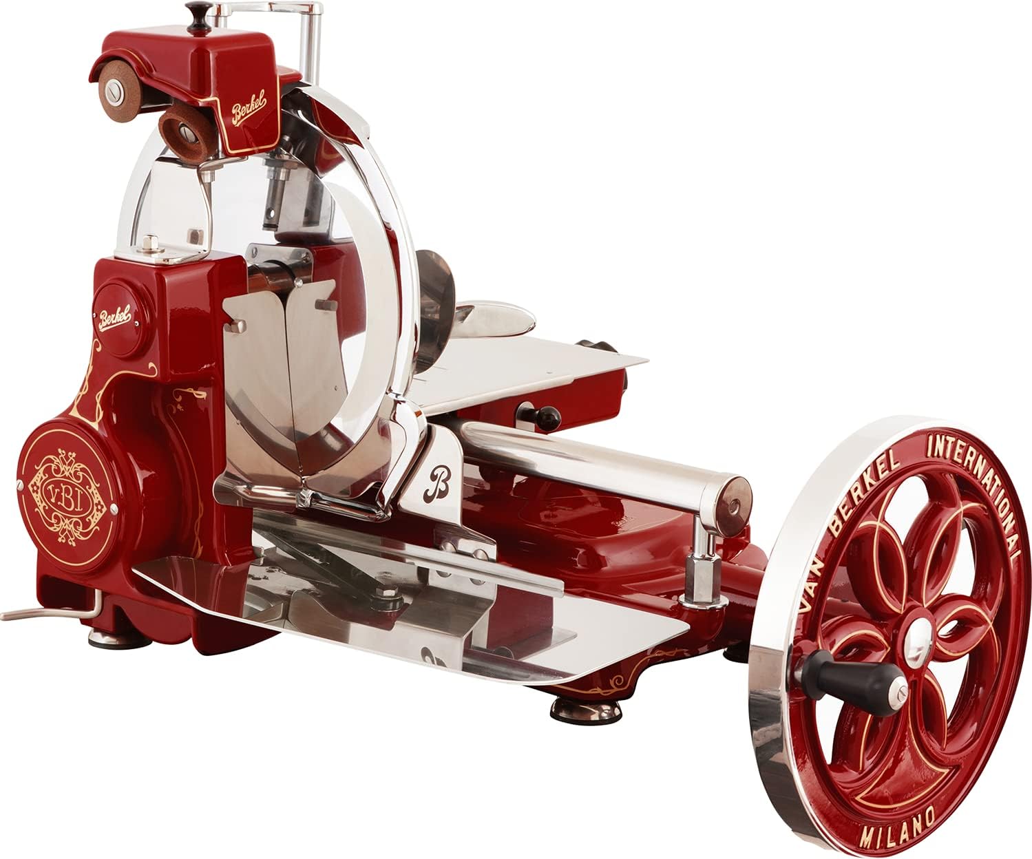 Berkel Volano B114 Premium Food Slicer | Includes 5-pc Knife Set | Luxury Slices of Prosciutto, Cheese, Fruits and more | Pedestal not included | Made in Italy (Red)