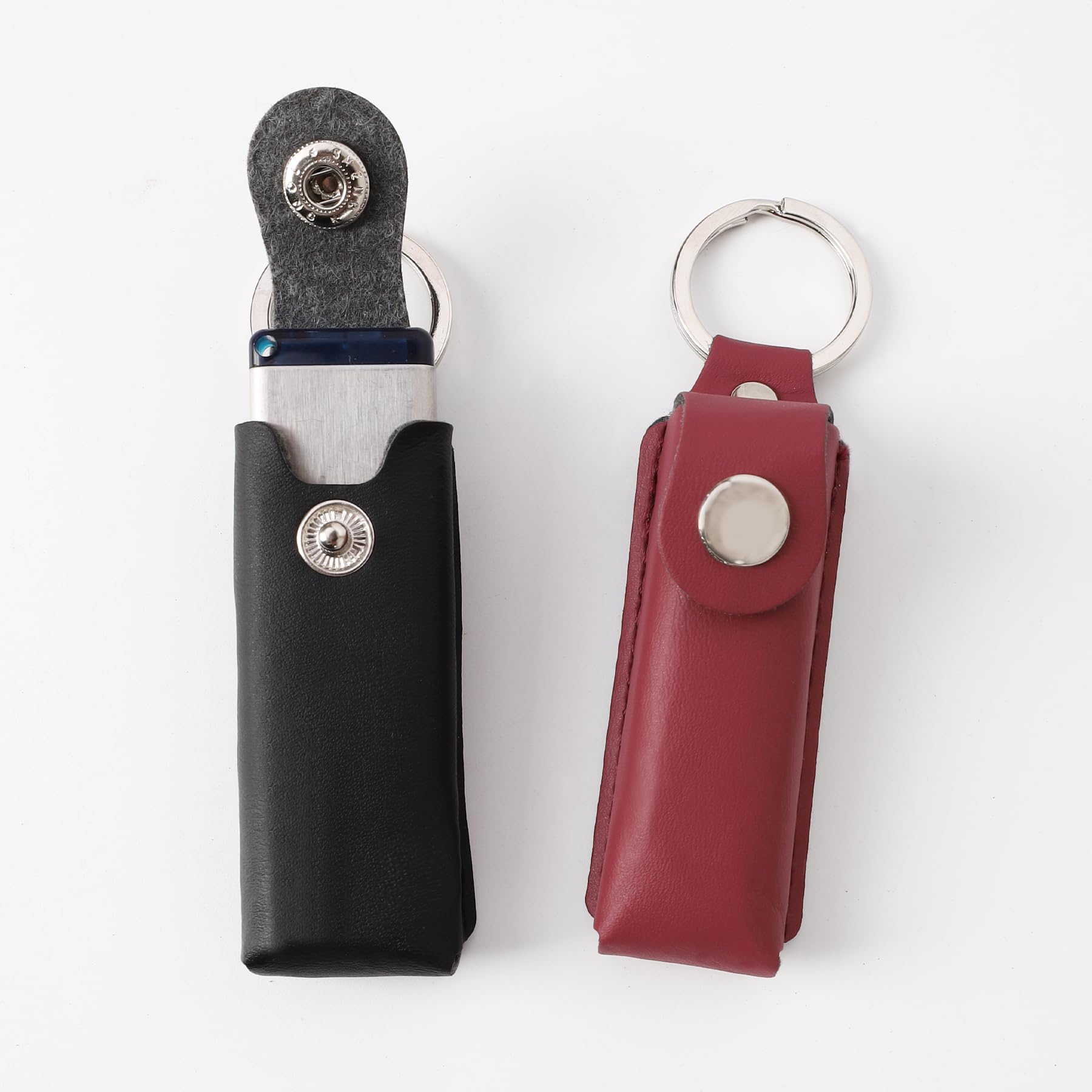 Leather USB Flash Drive Case, 2 Pcs Thumb Drive Case Leather USB Storage Case Press Buckle Keyring Black Brown for Worker Souvenir (B-Black+Wine Red)