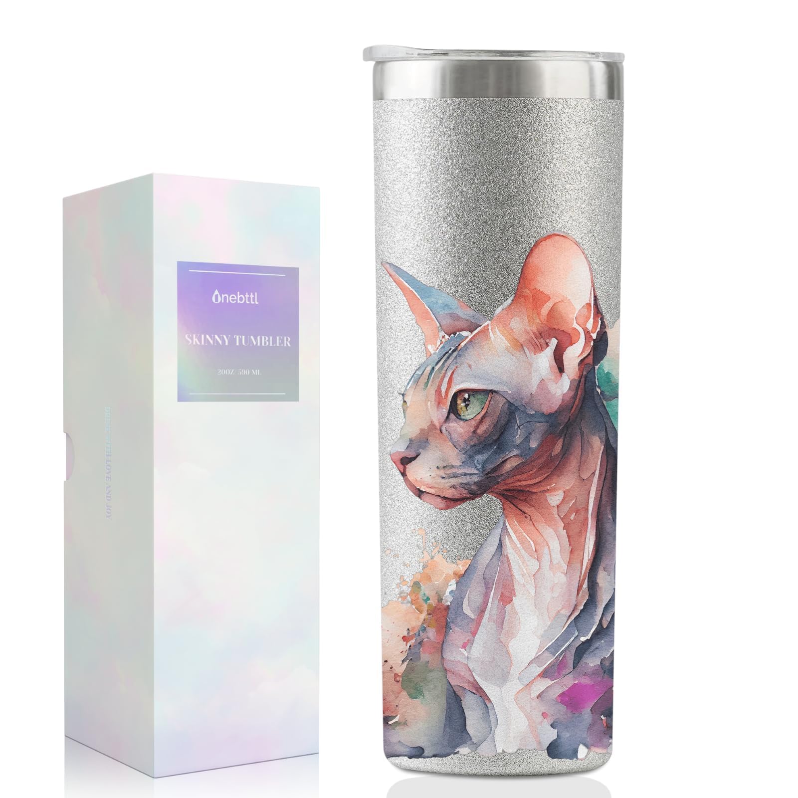 Onebttl Sphynx Cat Tumbler, Hairless Cat Gifts - Insulated 20oz Stainless Steel Skinny Tumbler with Straw, Lid, and Gifts Box