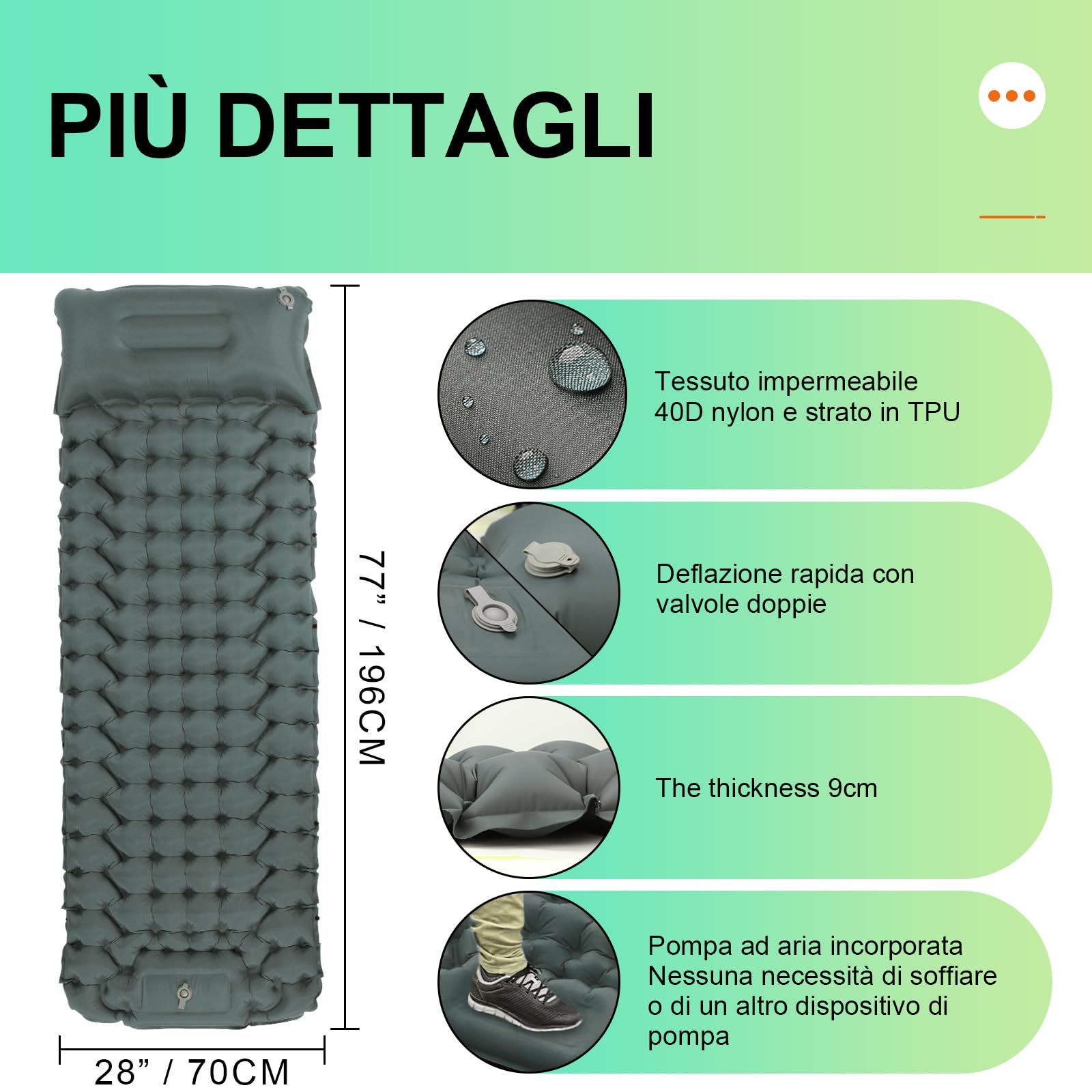 iParaAiluRy Materassino Campeggio Autogonfiante, Ultraleggero Materasso Gonfiabile Singolo con Cuscino per Campeggio, Outdoor, Spiaggia, Escursionismo, Portatile Materassino Autogonfiante