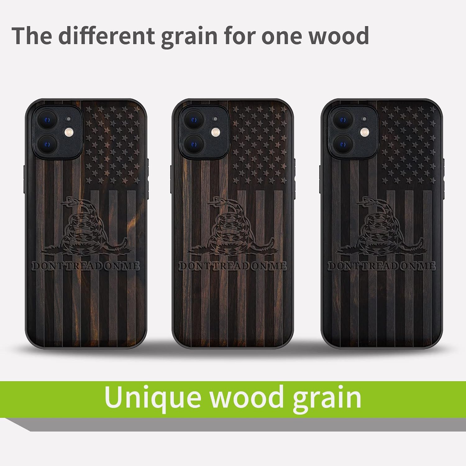 Carveit Magnetic Wood Case for iPhone 12 Case [Hard Real Wood & Soft TPU] Shockproof Protective Unique & Classy Wooden Cover Compatible with MagSafe (Gadsden and American Flag-Blackwood)