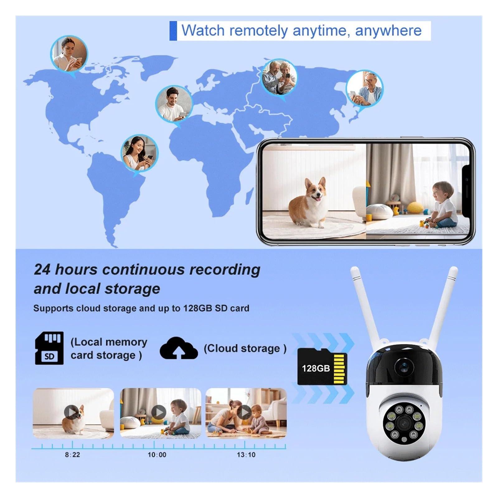 Telecamere di sicurezza, Telecamere di sicurezza WIFI HD da 4 MP Funzione visione notturna a colori Tracciamento automatico Rotazione a 360° Chiamata con un clic Audio bidirezionale(4MP Cam 128G Card)