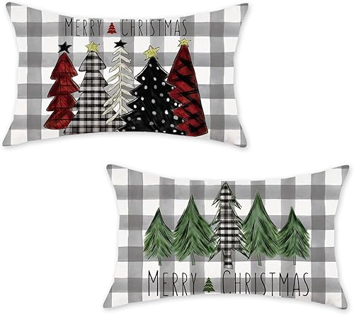 Miniatura 7 de ONWAY Juego de 2 fundas de almohada de Navidad de 16 x 16 pulgadas diseño de búfalo rojo de Navidad diseño de árboles a cuadros color negro y verde