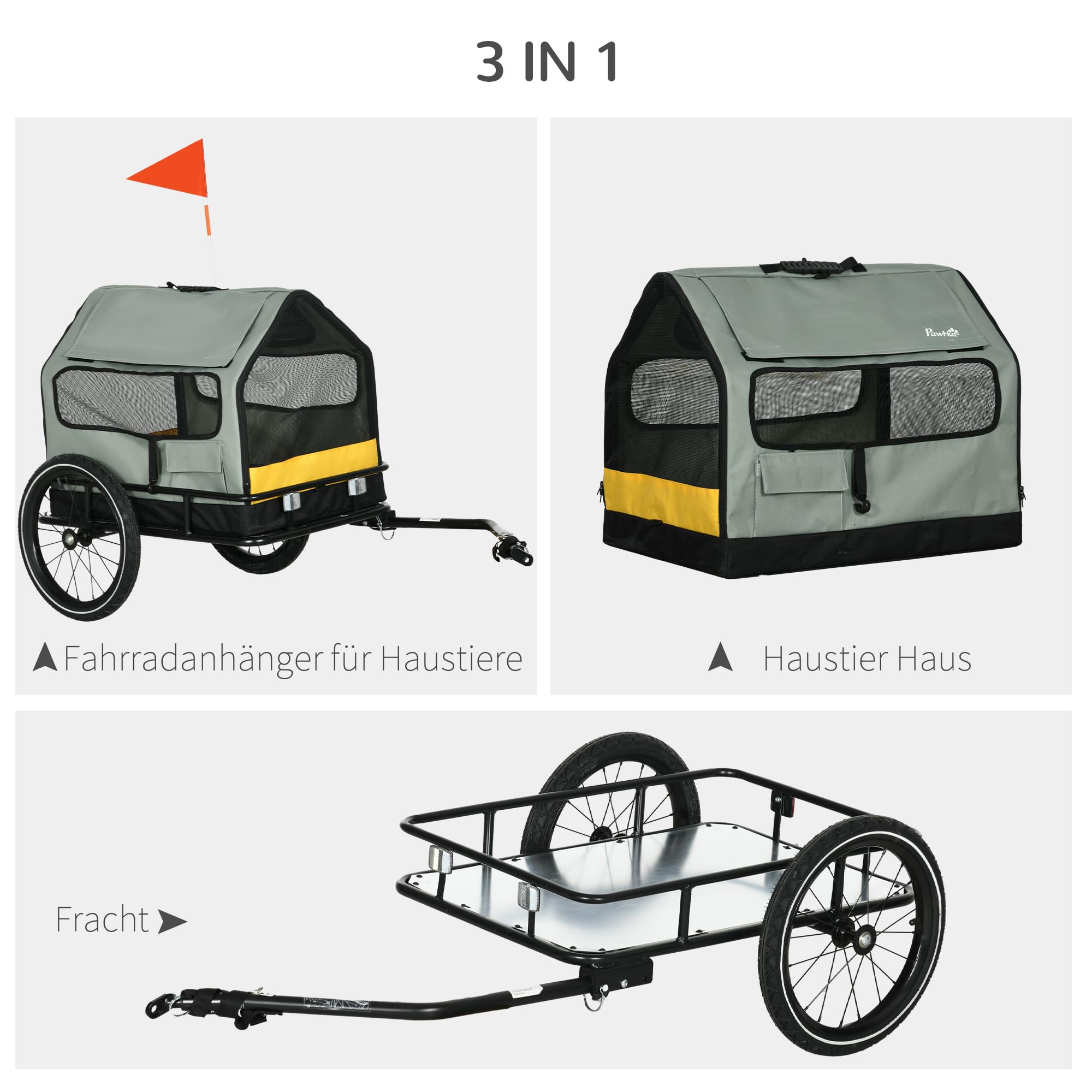 PawHut 3-en-1 remolque del perro casa de mascotas, remolque de carga remolque de bicicleta de perro, cochecito de perro con reflectores para perros pequeños de hasta 10 kg, Oxford, gris