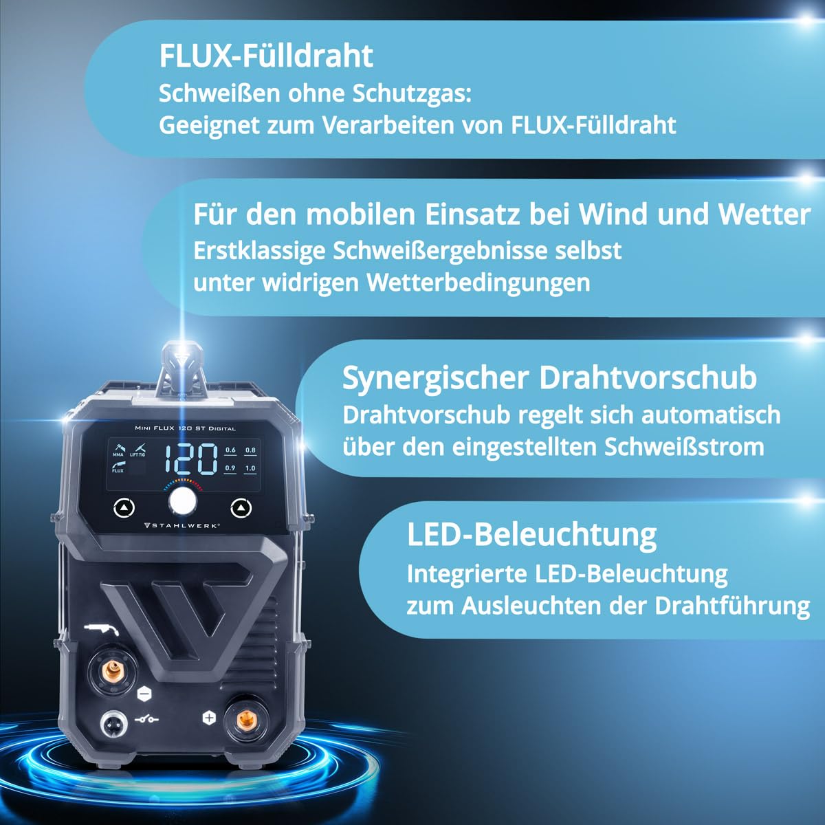 STAHLWERK Schweißgerät Mini FLUX 120 ST Digital – Vollausstattung – Fülldrahtschweißen (FLUX) ohne Schutzgas bis 120 A, synergischer Drahtvorschub, LED-Licht, Lift-TIG- & MMA-Funktion (E-Hand/ARC)