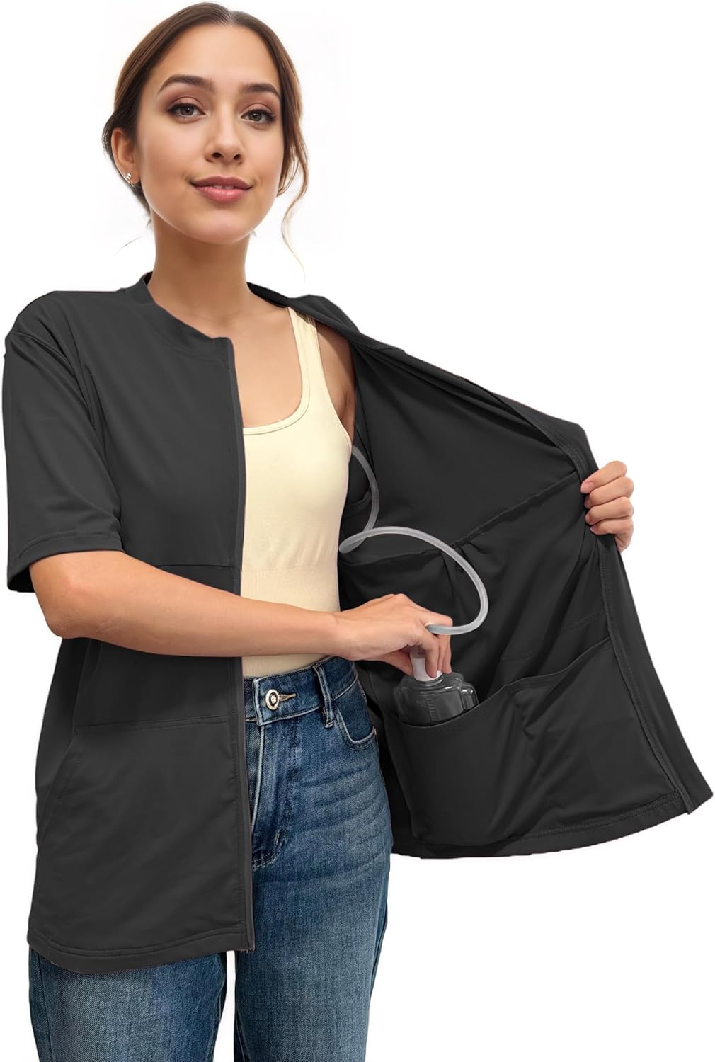 Youdiao Mastectomy Shirts with Drain Pockets Post-Surgery Must Haves Soft Full Front Zip-Up Short Sleeve Recovery Tops - Image 3