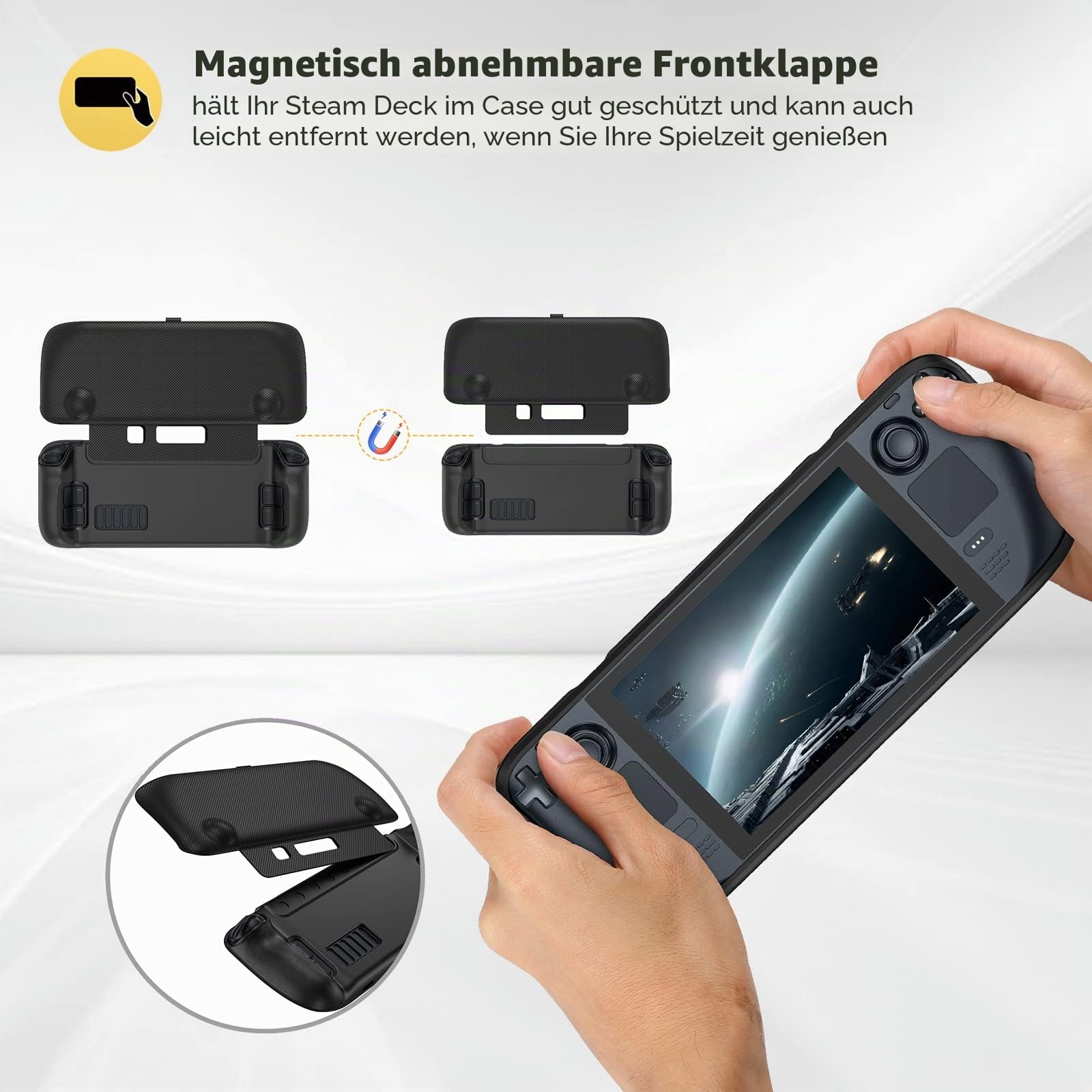 ProCase Hülle für Steam Deck Tragbar, Flip Cover Kompatibel mit 7 Zoll Valve Leicht Case Schutzhülle Magnetisch Abnehmbare Frontabdeckung Skin 2021 Steam Deck Zubehör für Unterweg-Schwarz | Mit Frontabdeckung