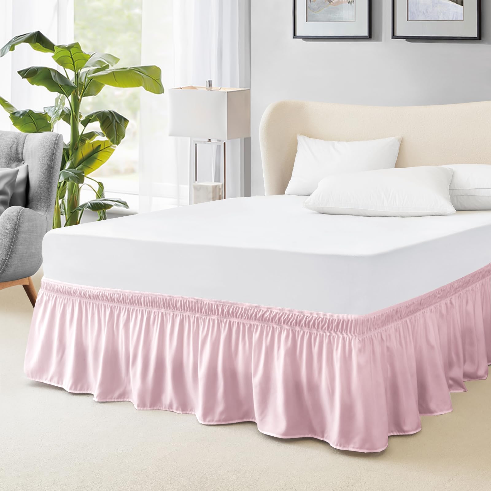 FreshCulture Elastic Wrap Around Bed Skirt - Easy Fit with 15-Inch Tailored Drop, Hotel Quality Dust Ruffle for Full Size Bed (Dusty Pink)