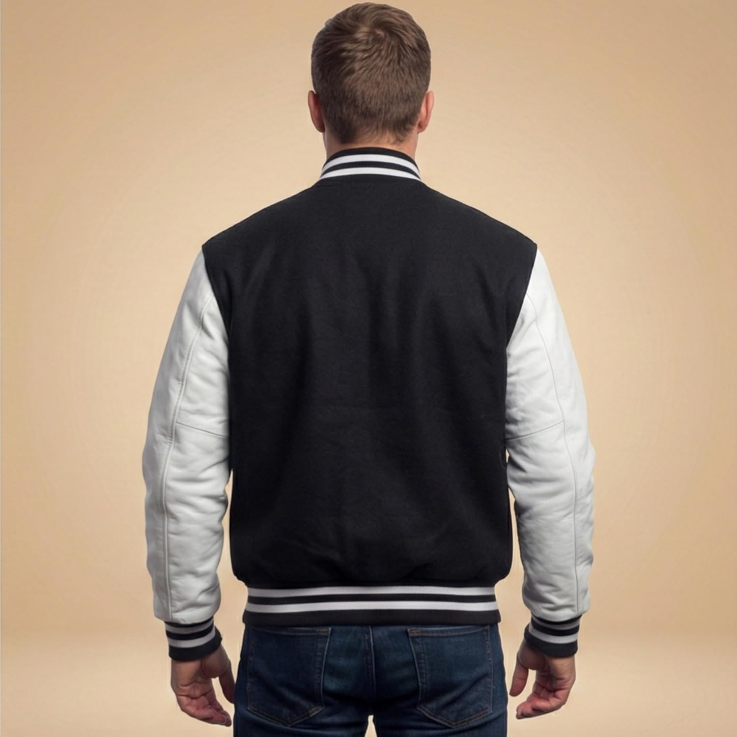 Men's Black Varsity Jacket Genuine White Leather Sleeves Wool Blend Letterman College Bomber Coat XS-3XL
