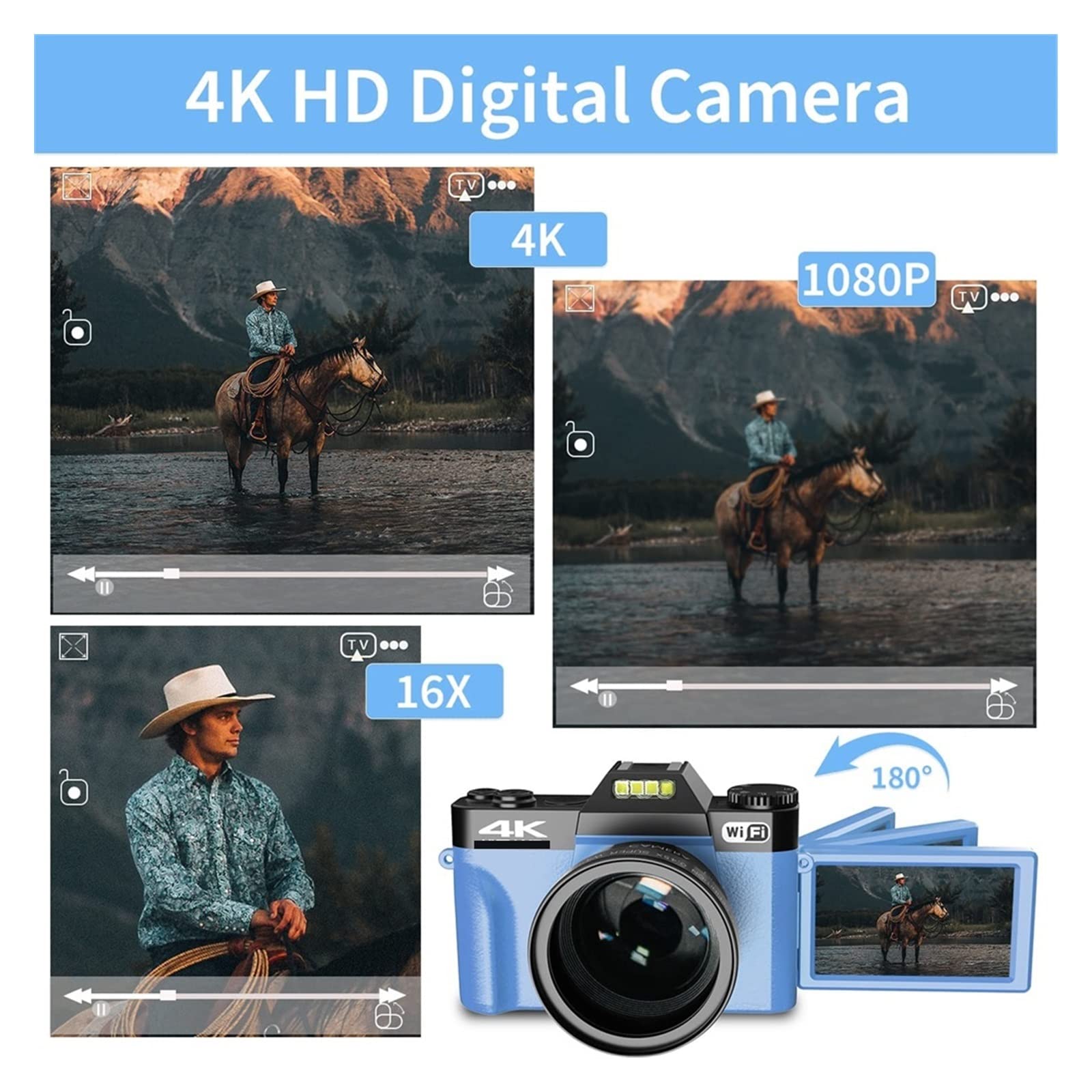 48MP 4K Fotografia Fotocamera digitale Flip Screen Selfie Videocamera Wide Macro Lens Videocamere Time Lapse Regalo per principianti(NO TF Card,With Lens)