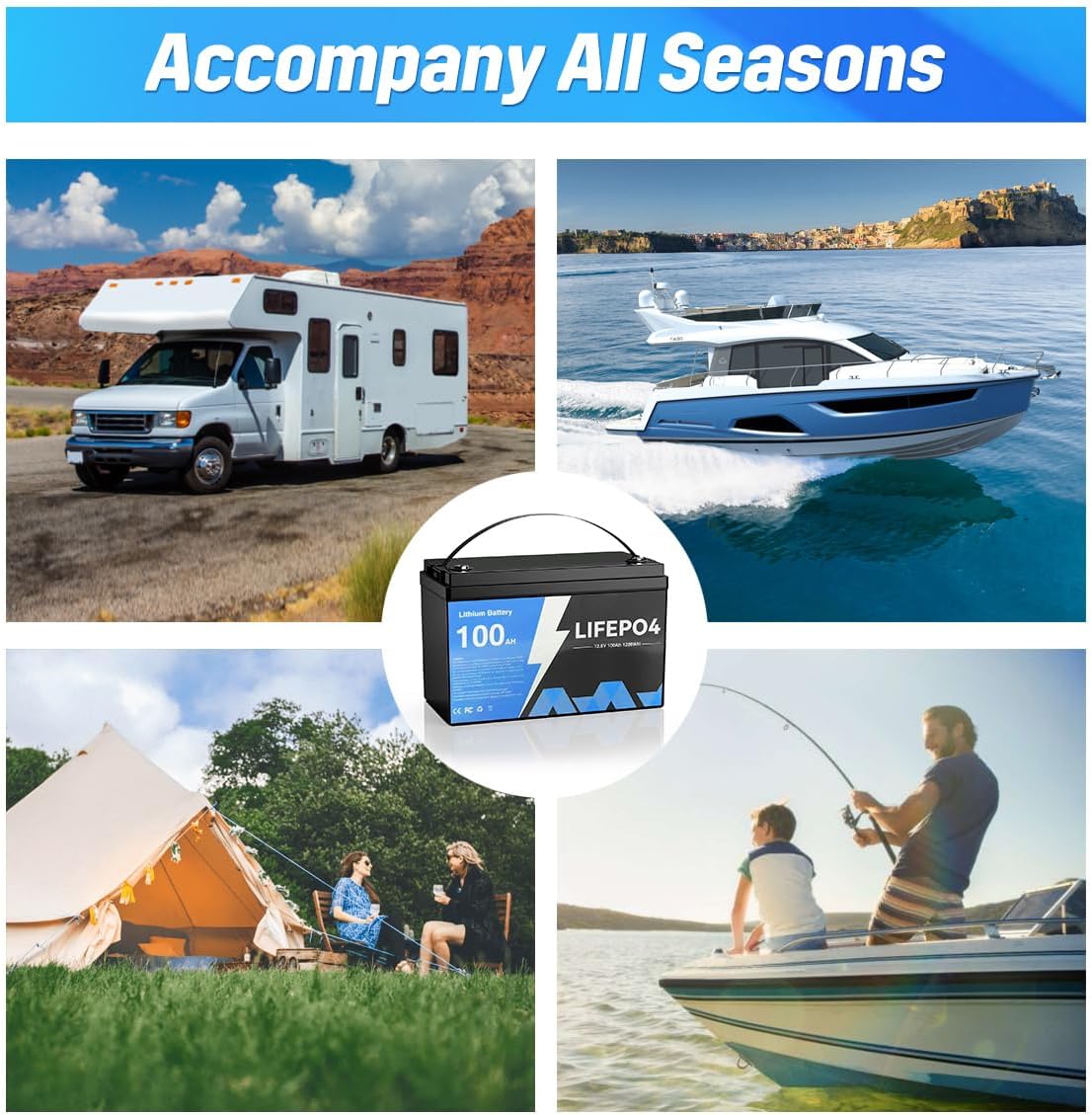 CACITY 12V 100Ah LiFePO4 Deep Cycle Battery with Low Temp Cut Off & Built-in 100Ah BMS - 1280Wh Energy for RV, Solar, Marine, Home Energy Storage, Boat, Golf Carts - 12V 100Ah Lithium Battery