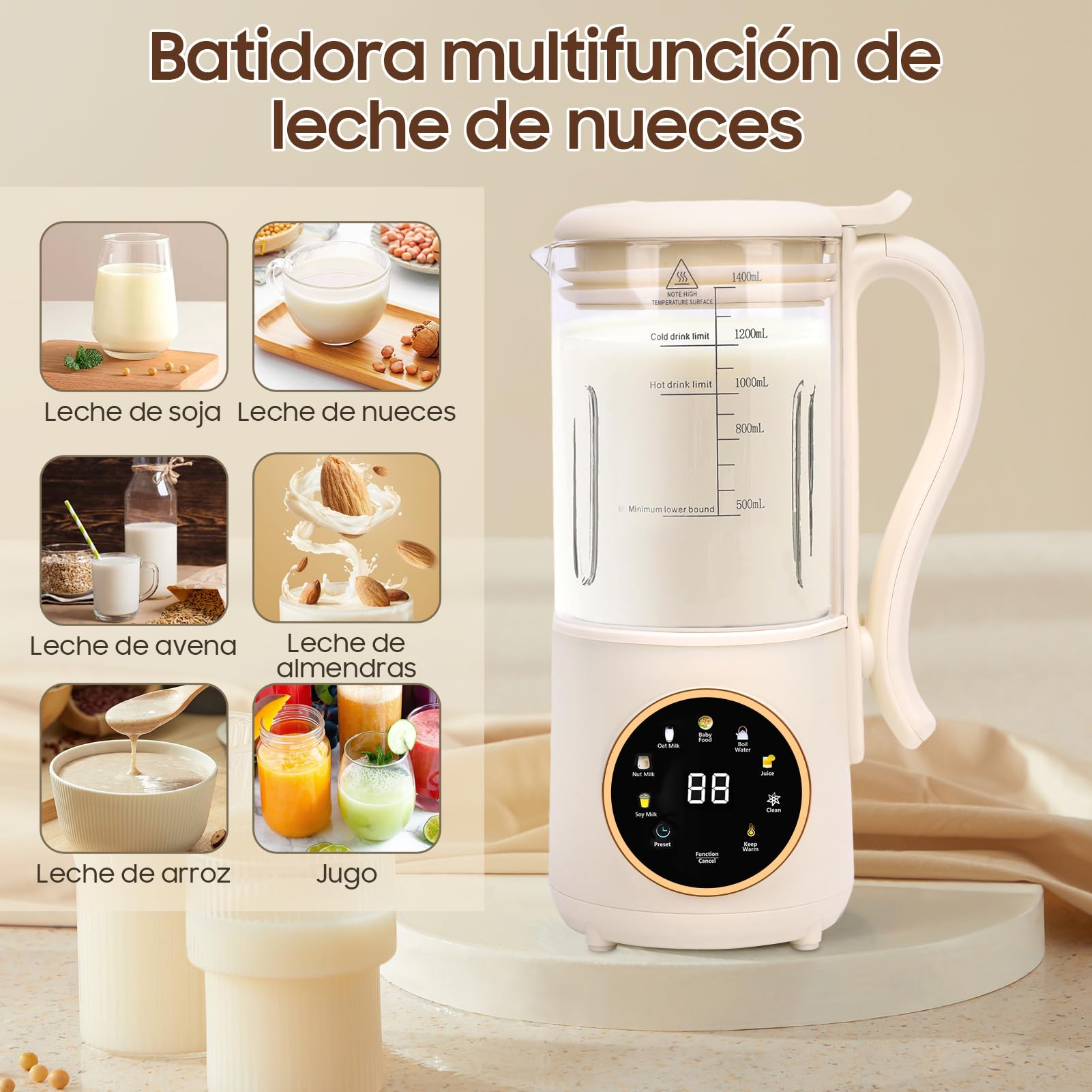 Extractor De Zumos Y Verduras, Licuadora Automática Multifuncional De 1.4l Con Pantalla LED De Cuchillas De Acero, Máquina De Fabricantes De Leche De Nueces Para Zumos Y Batidos