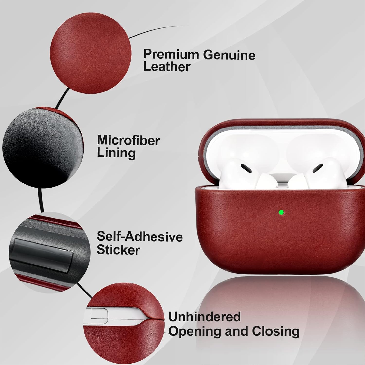 ICARERFAMILY Leather Case for AirPods Pro 2 (2022), Genuine Leather Shockproof Protective Cover for AirPods Pro 2 Earphones Charging Case (LED Visible) Support Wireless Charger Red