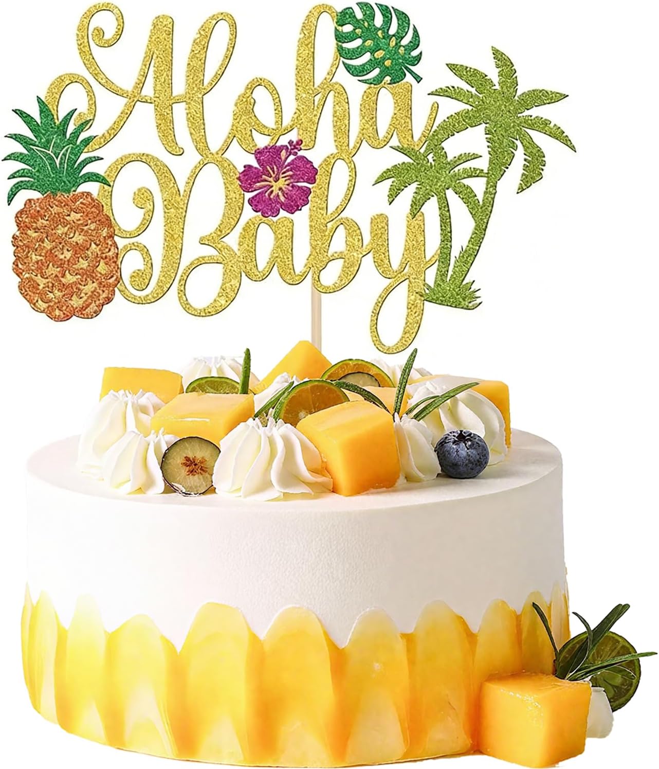 Hawaiian Cake Toppers - Tropical Gold Glitter Cake Decorations Set with Palm Leaf, Pineapple and Hibiscus for Birthday Party, Baby Shower, Luau Theme (Non-Edible)