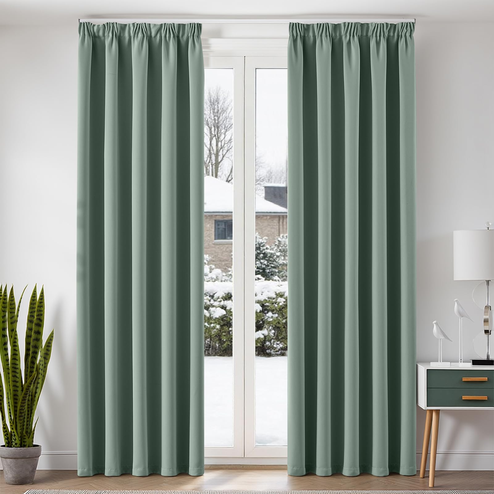 Rideau occultant vert sauge 140x245cm lot de 2 avec galon fronceur pour salon